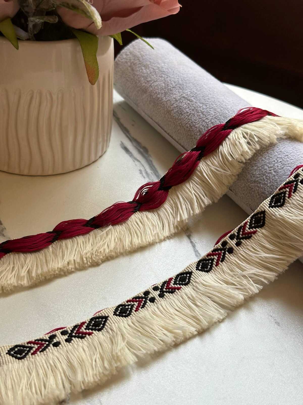Burgundy Black Tribal Geometric Brush Fringe Trim by the Yard, Cotton Woven Jacquard Tassel Trim for Pillows Home Decor, 1.75"