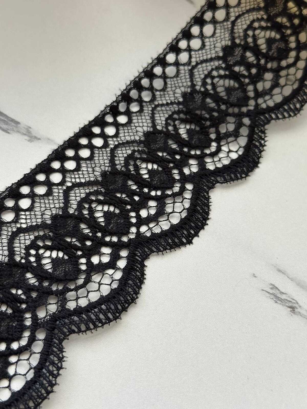 5Yds Non-Stretch 2.4" Black Embossed Floral Scalloped Mesh Lace Trim Wholesale