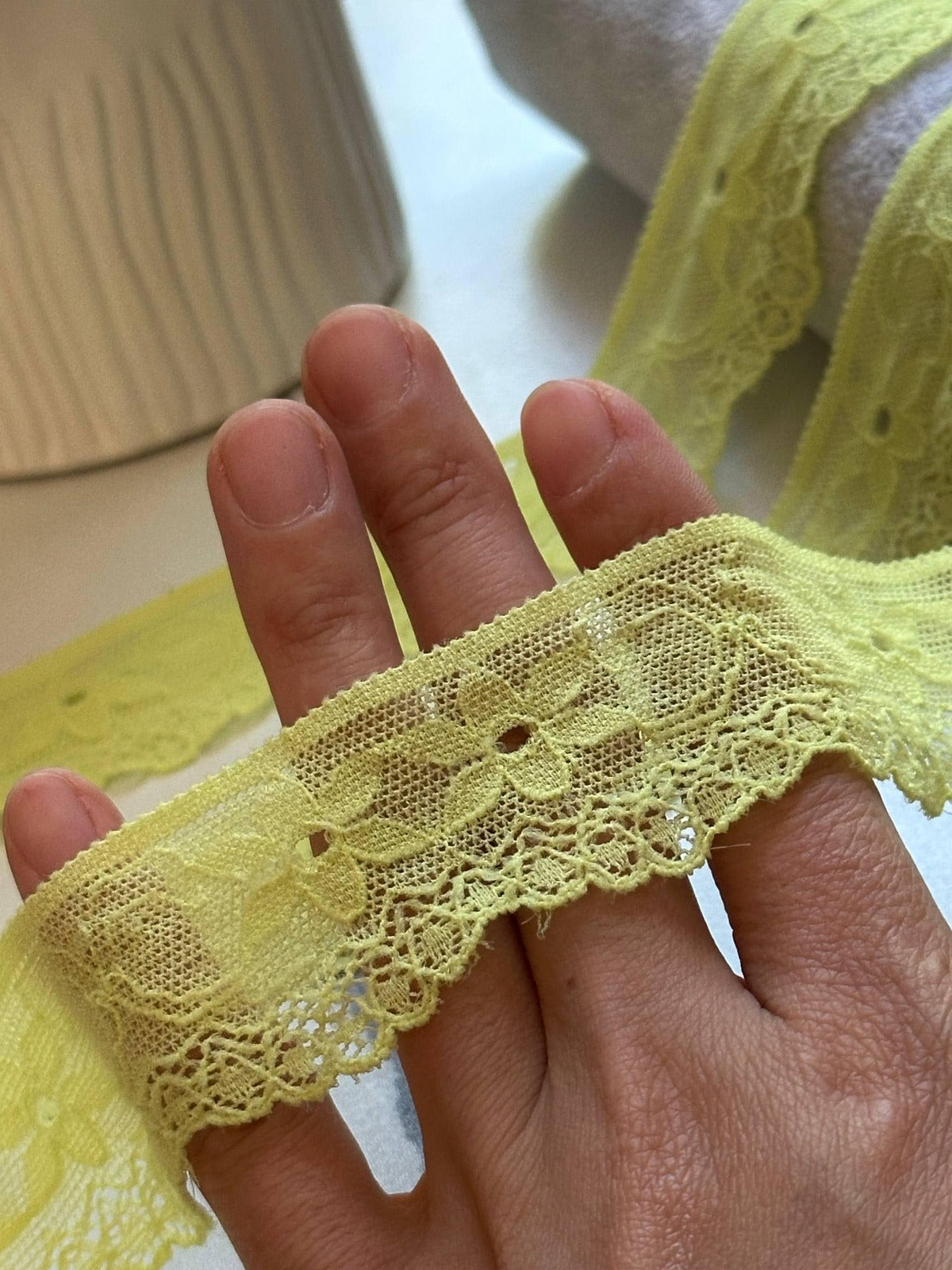 10yds Soft Greenish Lemon Yellow Floral Stretch Lace Trim by the Yard, Ultra Soft Elastic Ribbon for Coquette Crafts, 1.35" Retail Wholesale