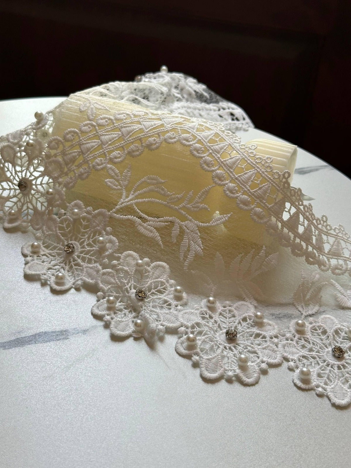 Off White Beaded Rhinestone Guipure Lace Collar  Pearl Accent Neckline Applique Statement Bodice Motif for Gowns Blouses, 6"