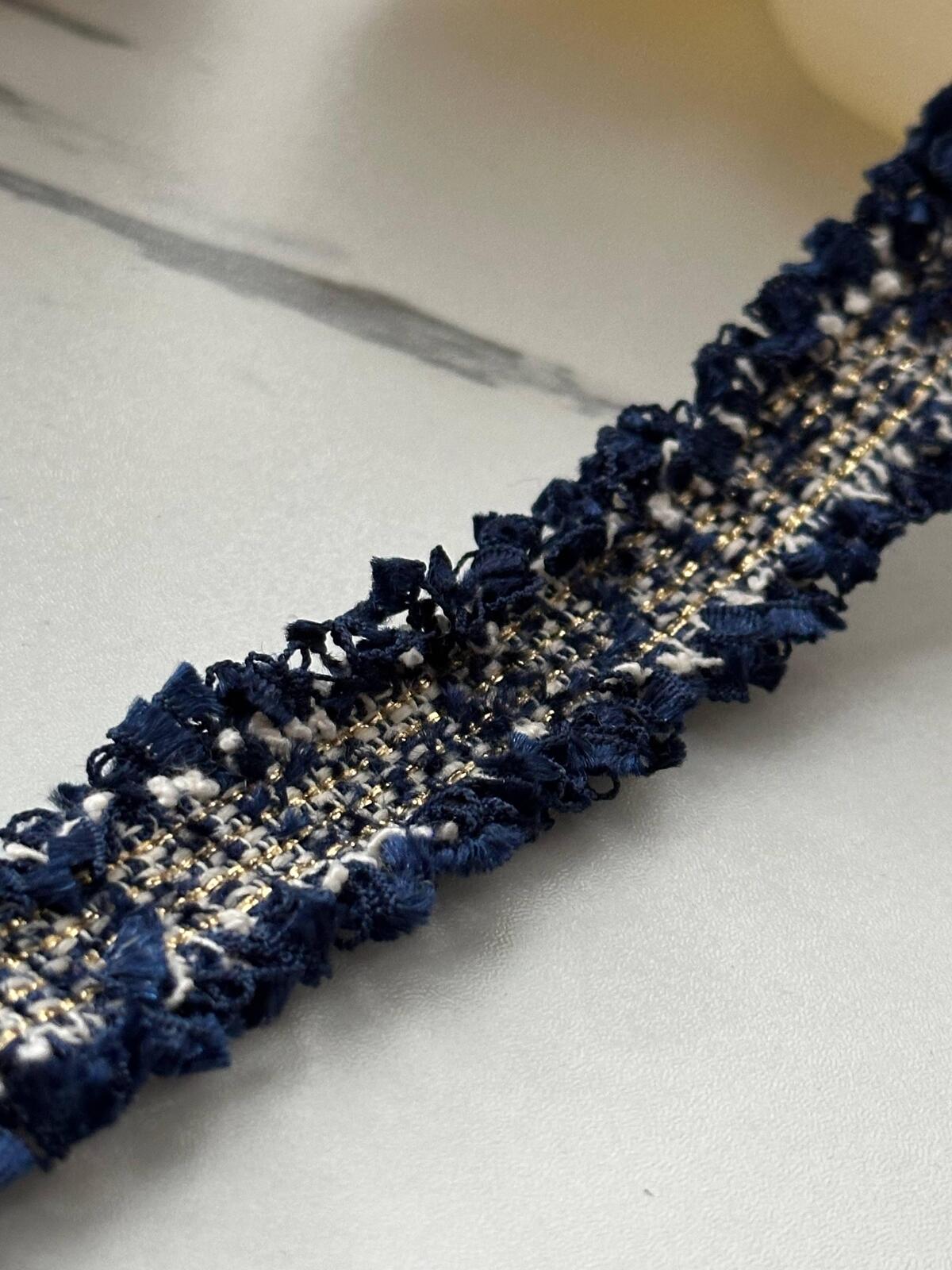 10Yds Non-Stretch 0.9" Navy Gold Metallic Woven Tweed Fringe Trim Wholesale