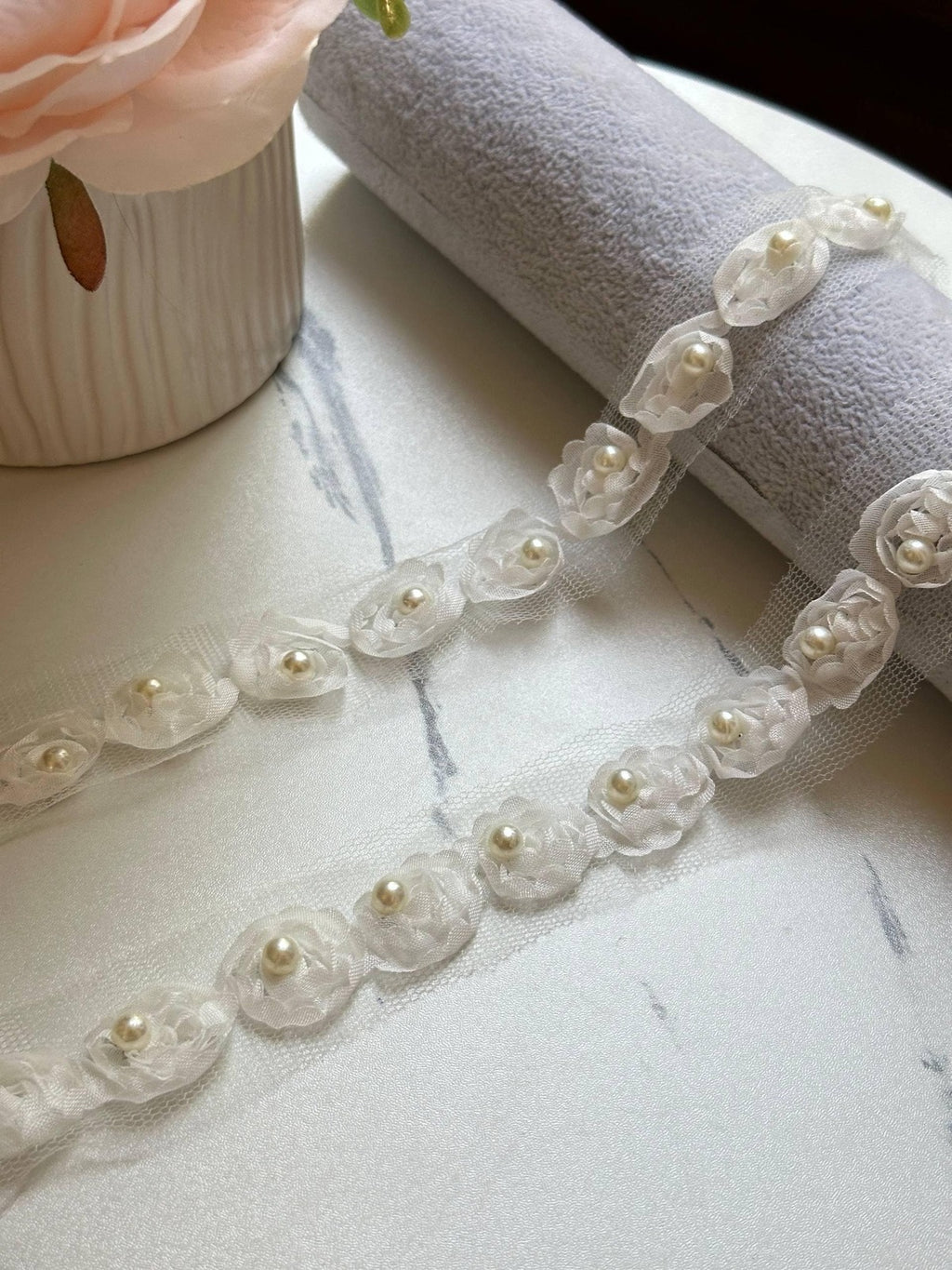 Off White Pearl Beaded Floral Lace Trim, 3D Organza Ribbon, Soft Skin Friendly Coquette Craft Supply, 0.75", Retail Wholesale Bulk