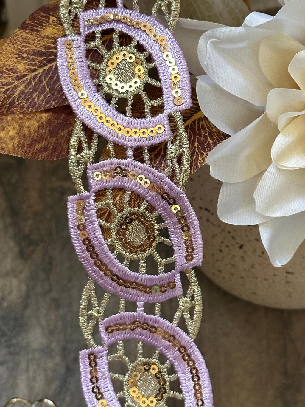 Lavender Gold Sequin Guipure Water Soluble Lace Trim Metallic Ribbon, Coquette Craft Supply, 1.5", Retail Wholesale Bulk
