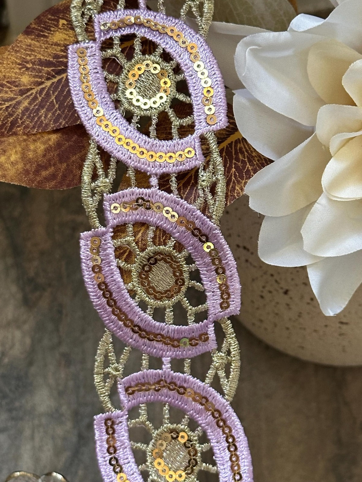 Lavender Gold Sequin Guipure Water Soluble Lace Trim Metallic Ribbon, Coquette Craft Supply, 1.5", Retail Wholesale Bulk