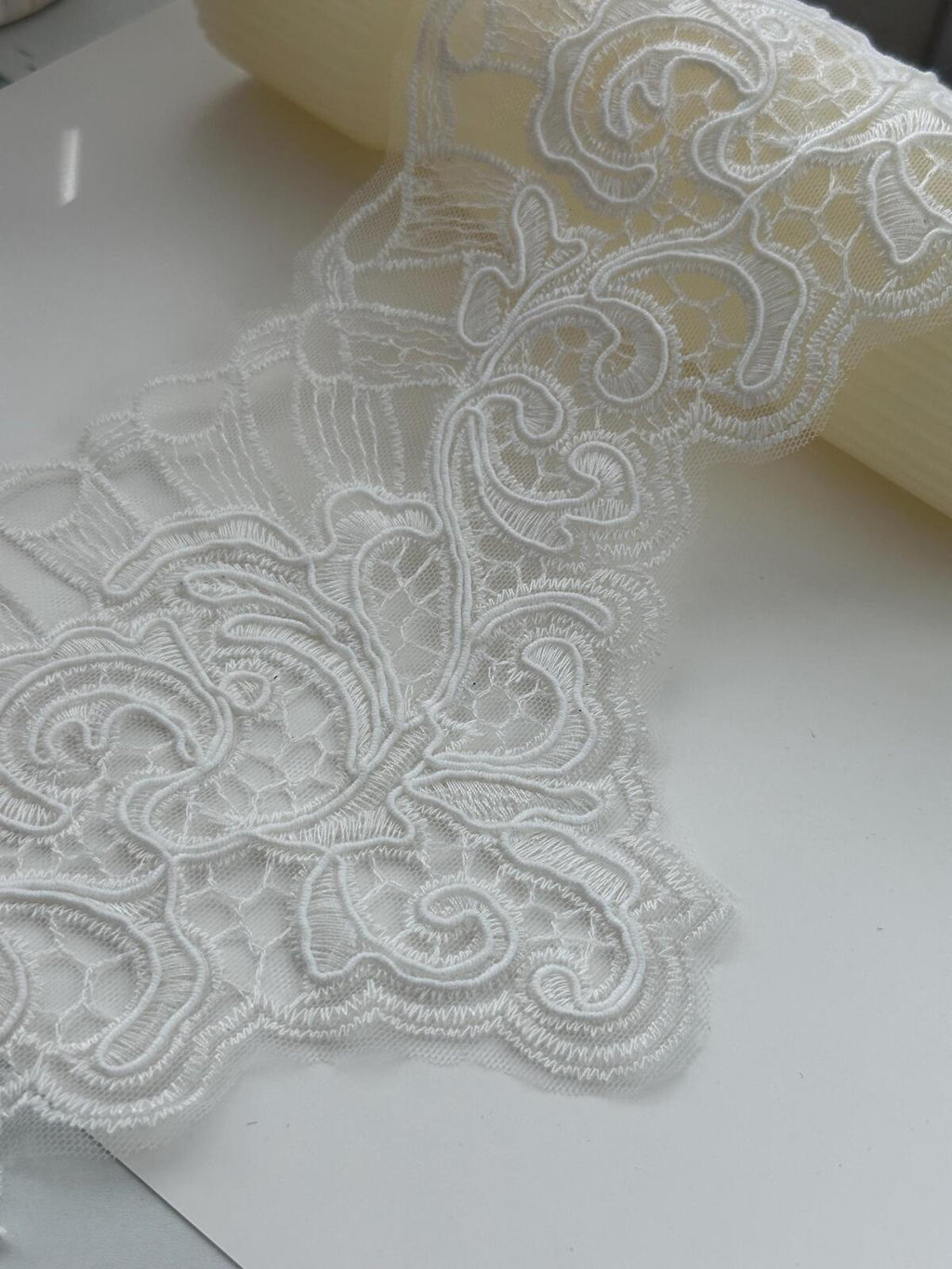 1Yd Non-Stretch 6" Off-White Corded Embroidery Bridal Mesh Lace Wholesale