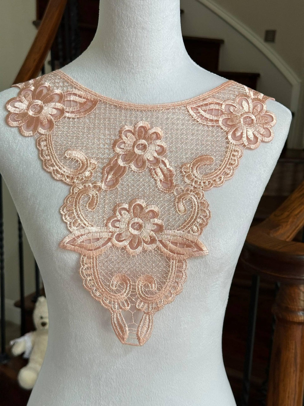 Muted Apricot Peach Mesh Floral Embroidered Collar Applique Detachable Lace Neckline Bib Motif for Dress Blouse Sewing, 11" x 18.5"