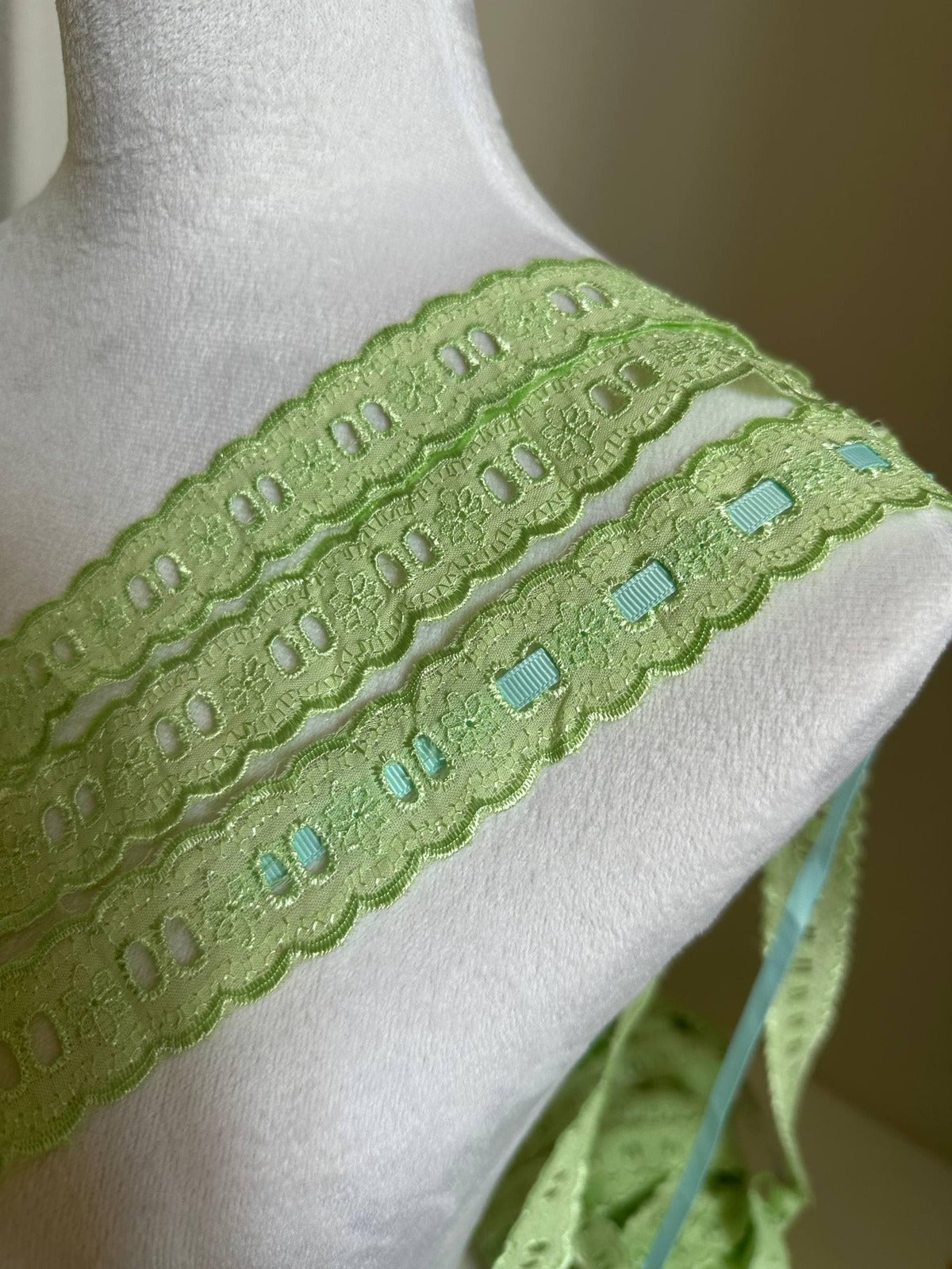 1.25" Beading Lace Trim, Light Green Cotton Eyelet for Ribbon Insert, Cottagecore Sewing Craft