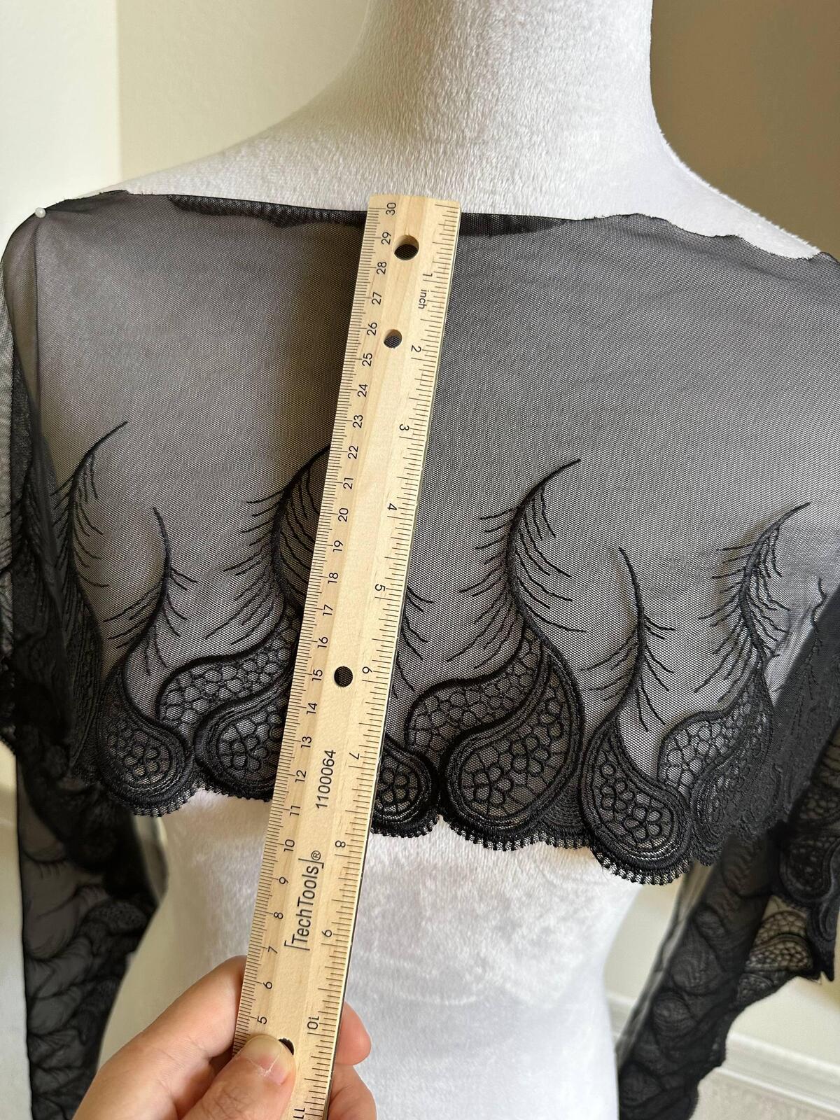 2.5yard 7.5" Black Paisley Lace Trim Wide Embroidered Feather Soft Mesh Single Scalloped Edge Ribbon for Garment Lingerie Sewing