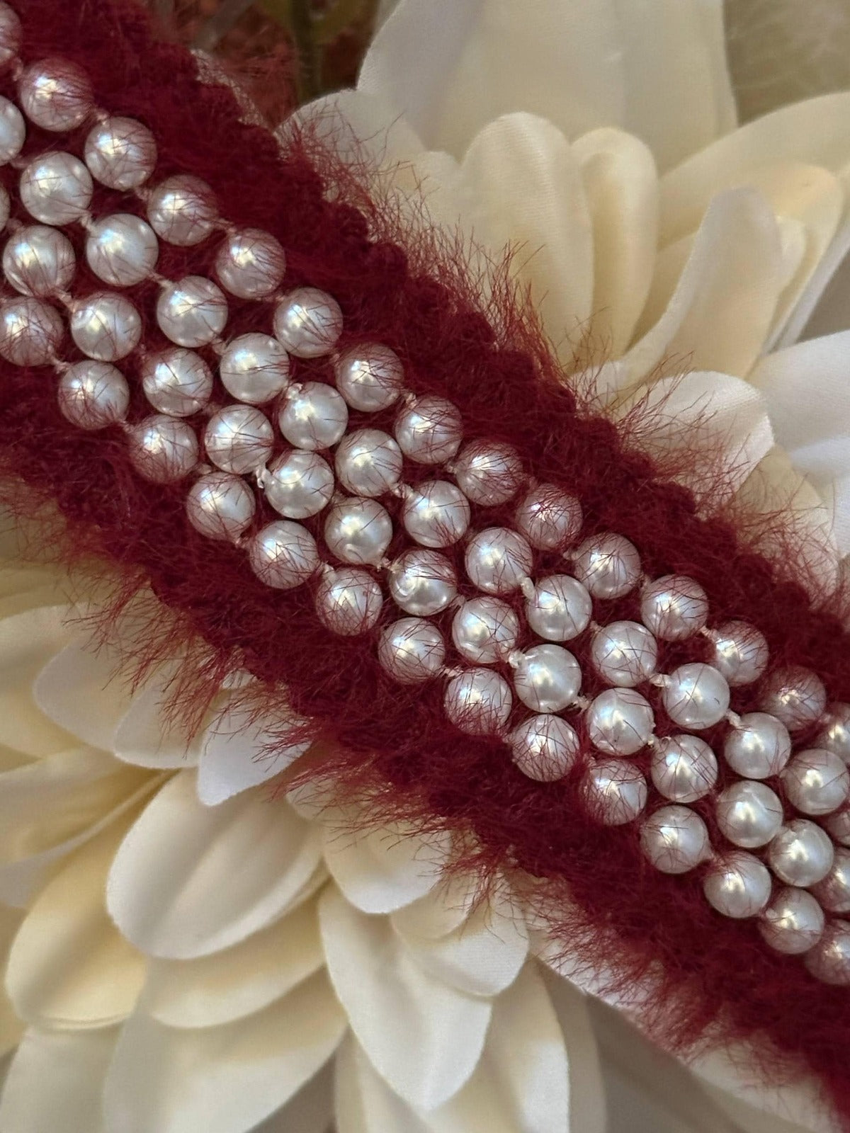 Burgundy Pearl Beaded Tweed Trim by Yard, 1.35" Fuzzy Mohair Ribbon, Chanel Style Border, Coquette Craft Supply, DIY Sewing,Retail Wholesale