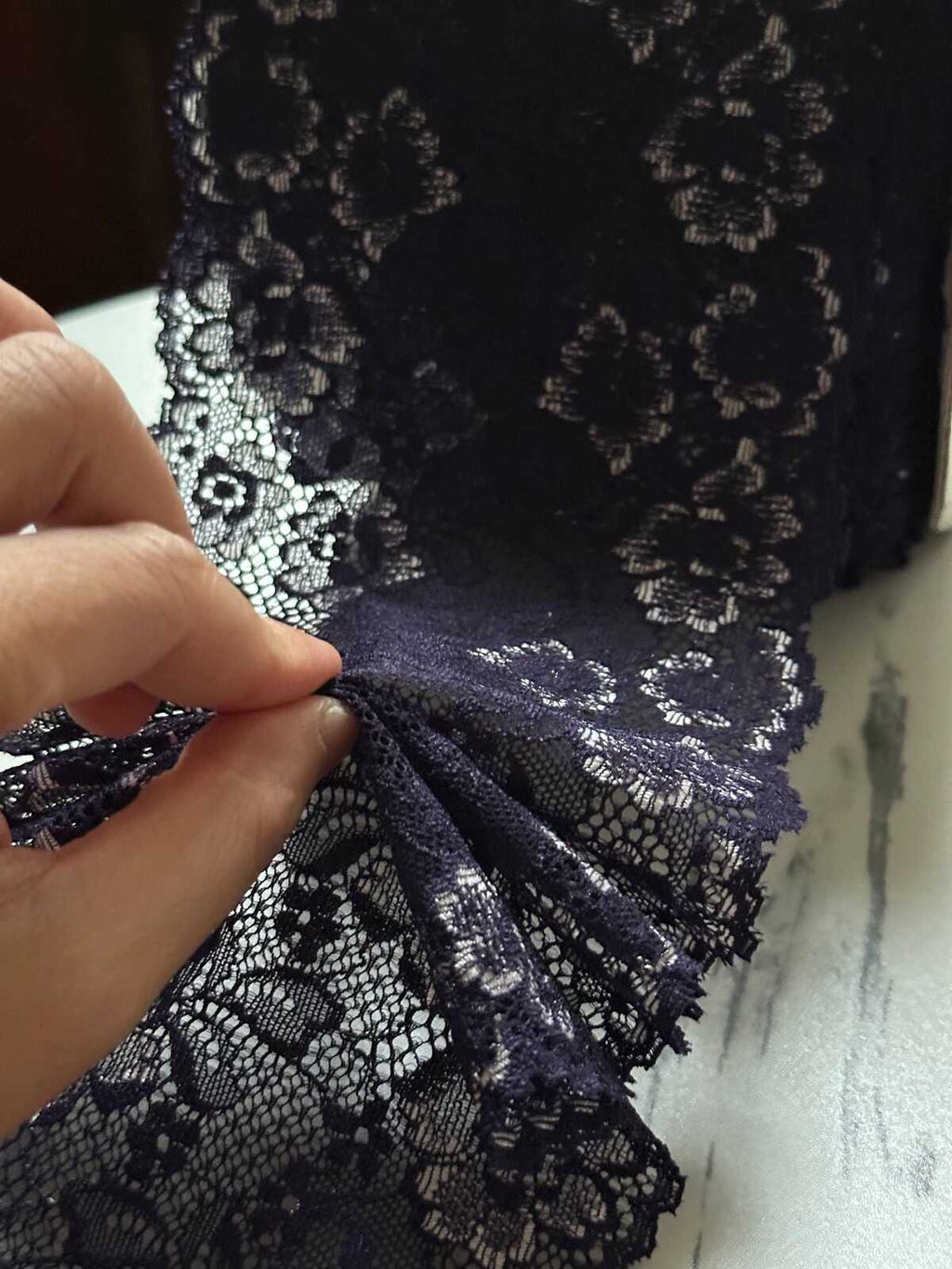 Dark Indigo Navy Violet Floral Stretch Elastic Lace Trim Symmetrical Double Scalloped Wide Galloon Ribbon fs Crafts Sewing, 4.85"
