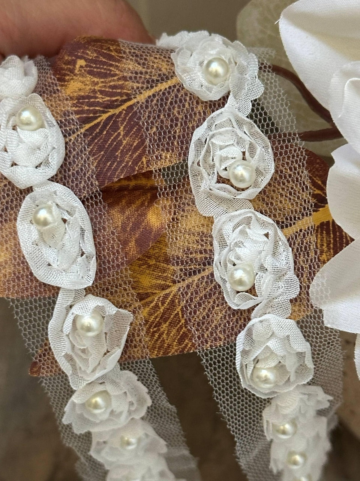 Off White Pearl Beaded Floral Lace Trim, 3D Organza Ribbon, Soft Skin Friendly Coquette Craft Supply, 0.75", Retail Wholesale Bulk