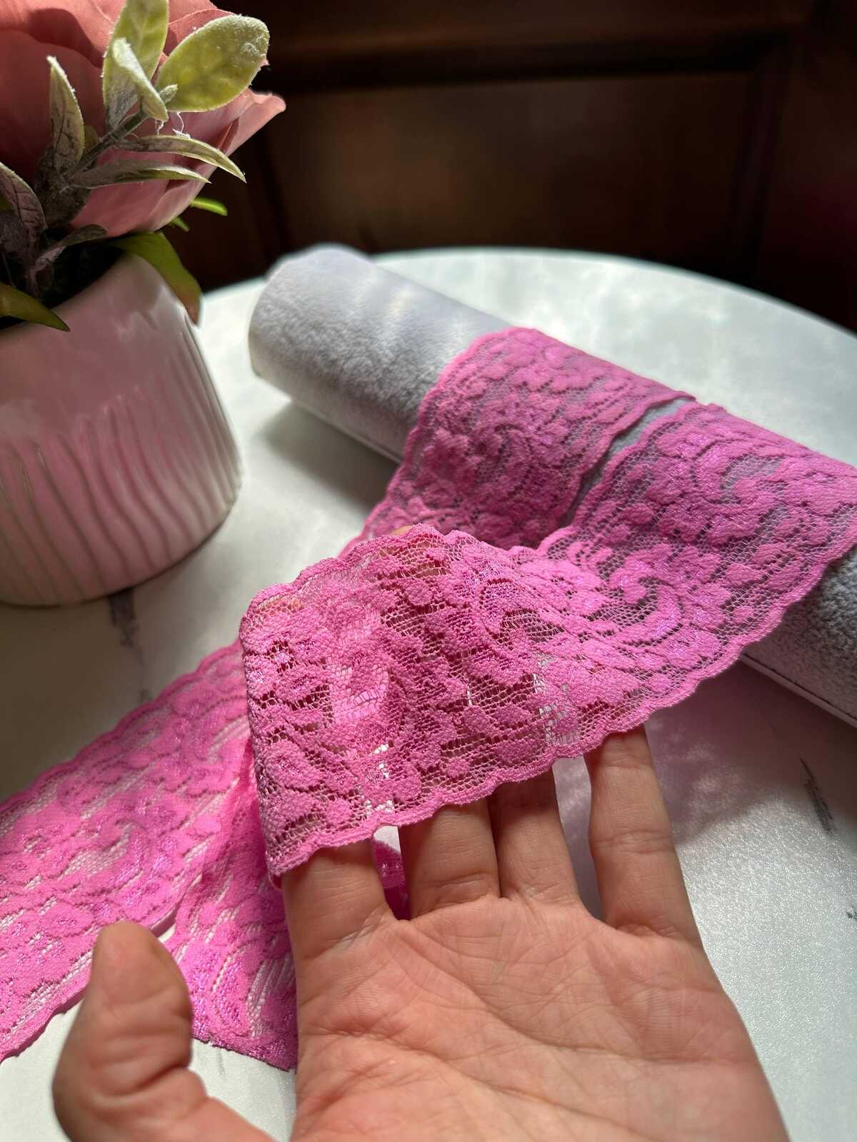 10yds Rose Orchid Pink Floral Stretch Elastic Lace Trim by the Yard, Wide Scalloped Galloon Ribbon for Lingerie Bridal Sewing Crafts, 2"
