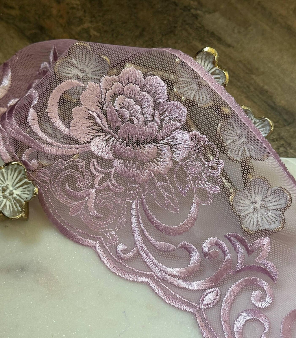 Soft Dusty Mauve Rose Floral Embroidered Mesh Lace Trim by the Yard, Wide Tulle Scalloped Ribbon for Crafts, 4.25", Retail Wholesale Bulk