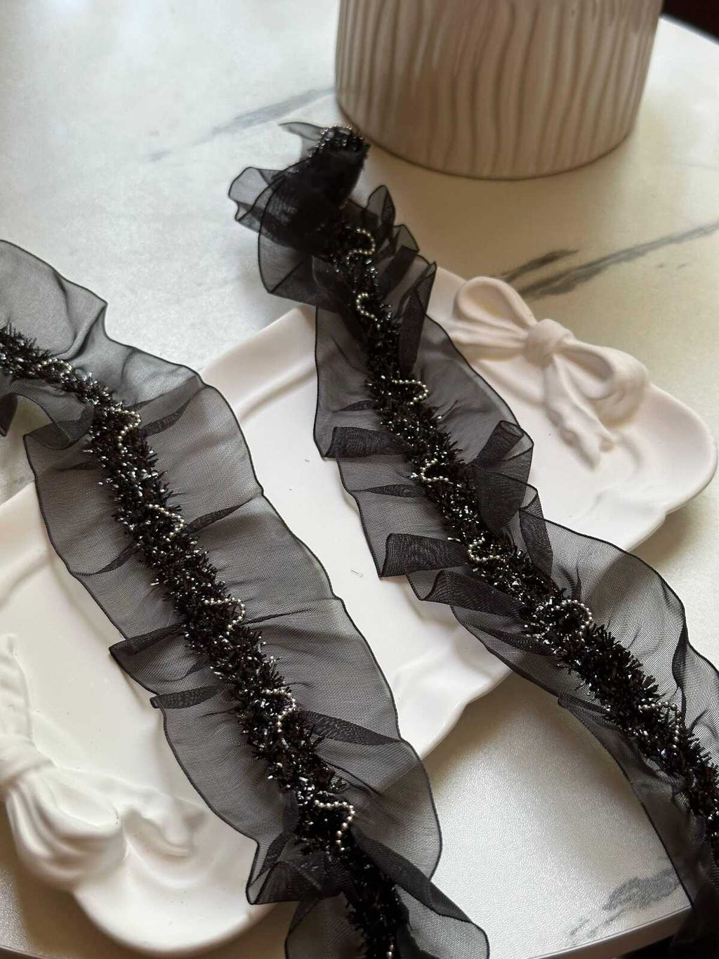5yds Black Pleated Organza Bead Chain Lace Trim by the Yard, Wide Beaded Metallic Ball Chain Ribbon for Garment Crafts, 2"