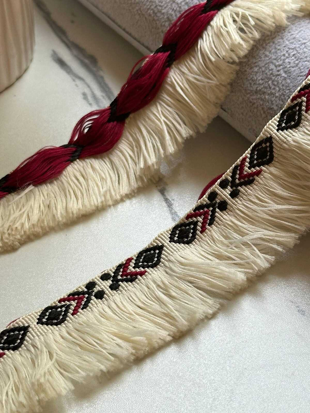 Burgundy Black Tribal Geometric Brush Fringe Trim by the Yard, Cotton Woven Jacquard Tassel Trim for Pillows Home Decor, 1.75"