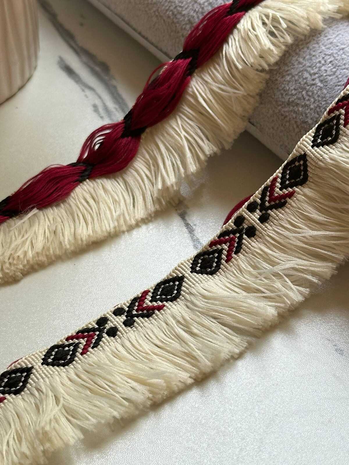 Burgundy Black Tribal Geometric Brush Fringe Trim by the Yard, Cotton Woven Jacquard Tassel Trim for Pillows Home Decor, 1.75"