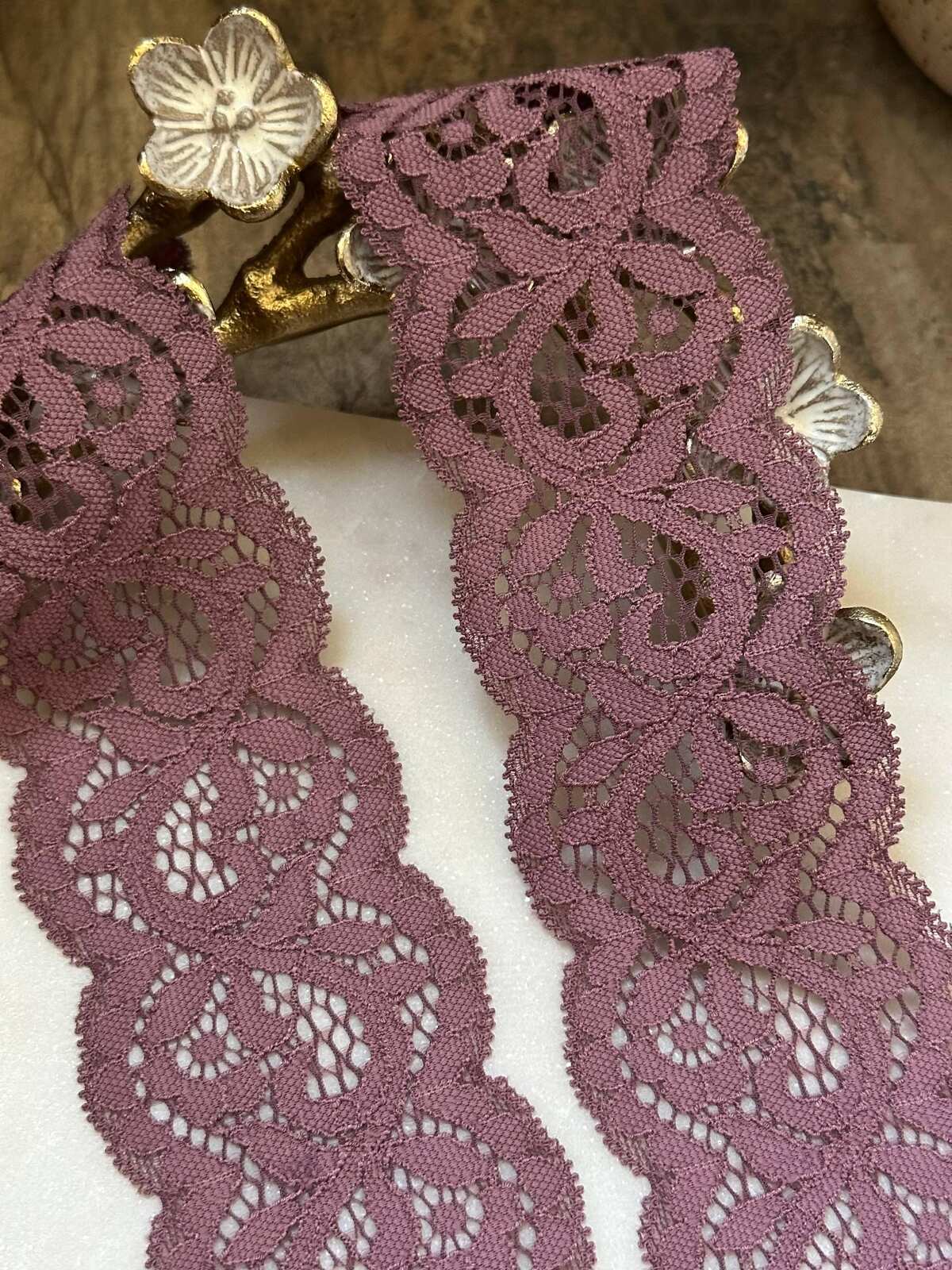 Dusty Plum Rose Floral Eyelash Slight Stretch Lace Trim by the Yard, Structured Elastic Ribbon for Crafts, 2.1", Retail Wholesale Bulk