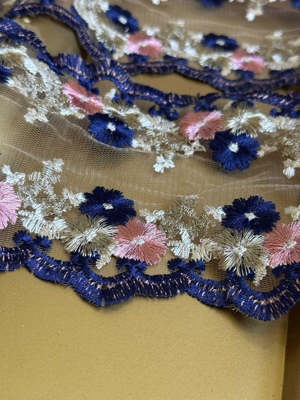 4.5" Navy & Pink Floral Embroidered Organza Lace Trim by the Yard, Heavy Craft Scalloped Double Edged Lace for Lolita Dress, Victorian Craft