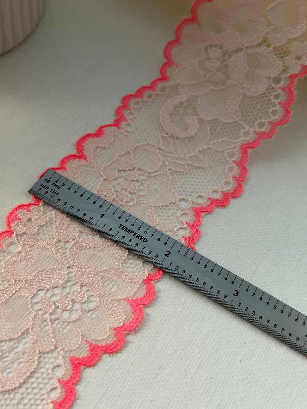 6Yds Rare 2.2" Unique Off-White Neon Pink Edge Floral Stretch Lace Wholesale