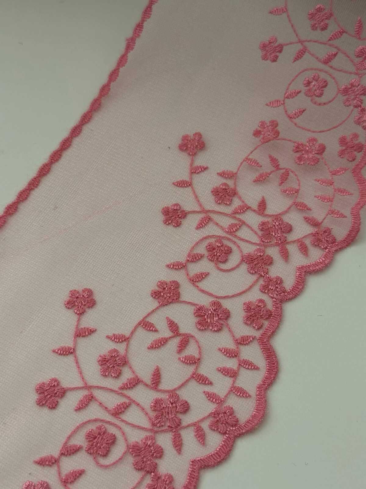 3Yds Pink Floral Mesh Lace Trim, 4.5" Embroidered Ribbon, Bulk Clearance Coquette Y2K Lace, Garment Trim, DIY Sewing, Retail Wholesale