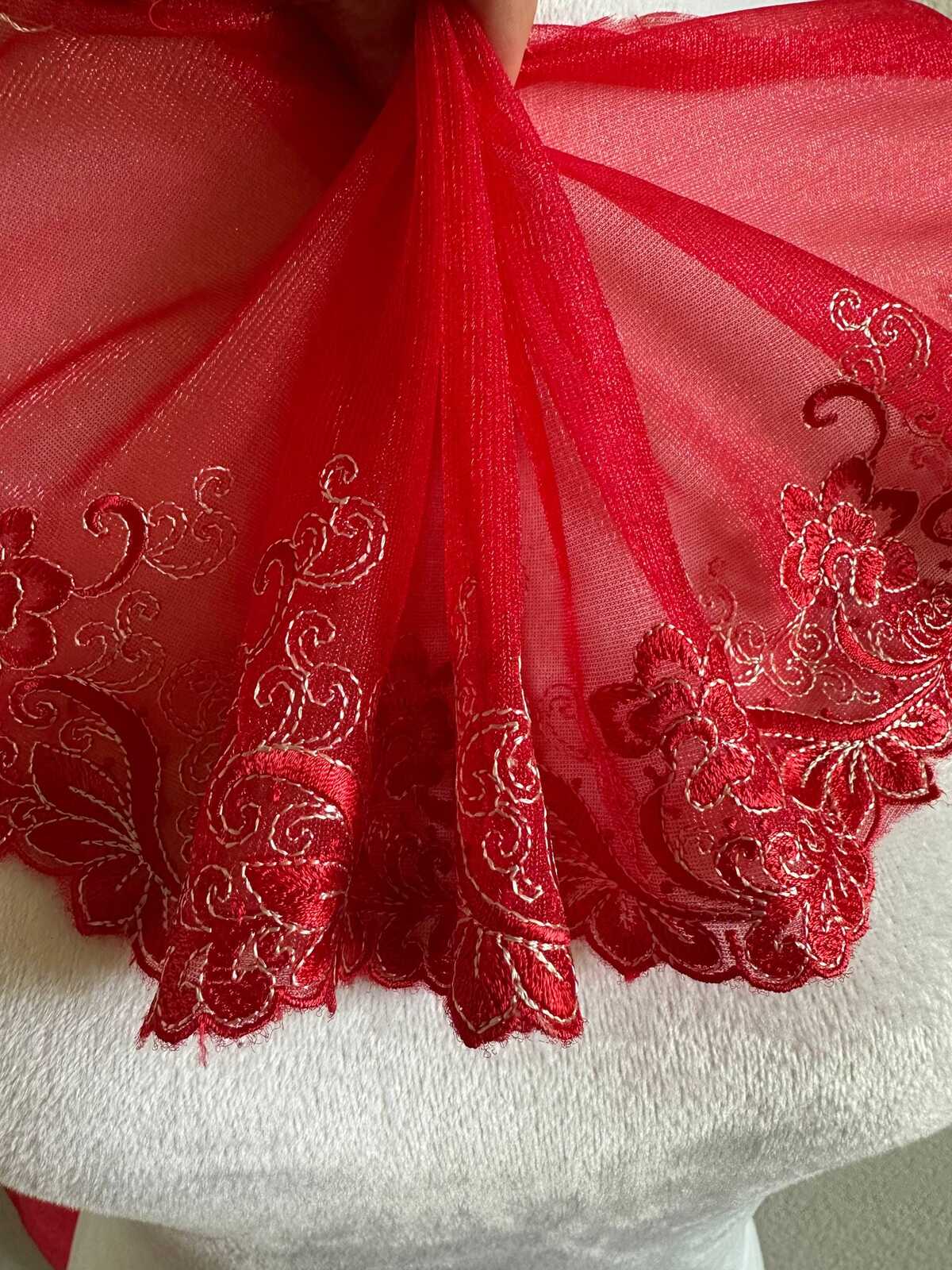 6" Red Embroidered Mesh Lace Trim Soft Tulle Scalloped Edge Floral Vine Ribbon for Lingerie Bridal Gowns Crafts Sewing