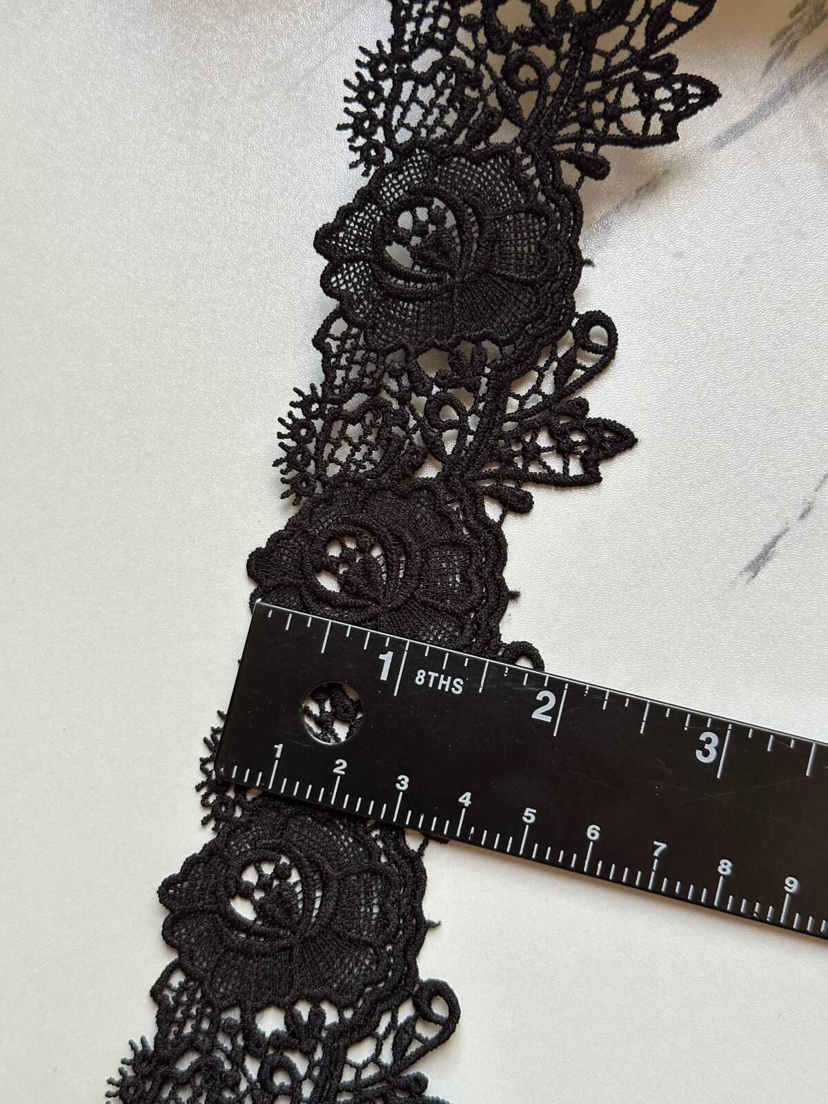 Gothic Black Venetian Guipure Chemical Water Soluble Floral Lace Trim Heavyweight Embroidered Rose Ribbon for Gowns Crafts Sewing, 1.5"