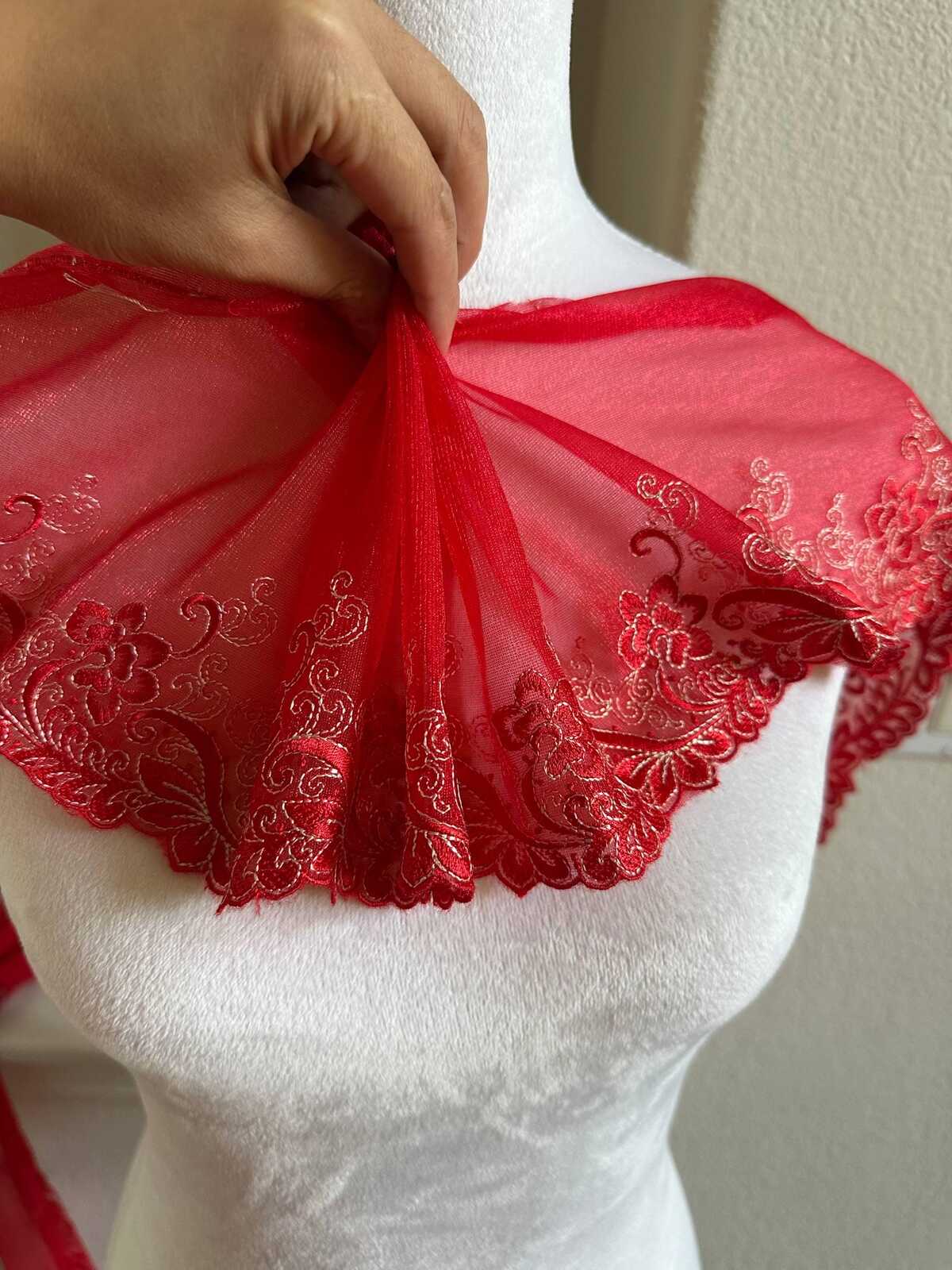 6" Red Embroidered Mesh Lace Trim Soft Tulle Scalloped Edge Floral Vine Ribbon for Lingerie Bridal Gowns Crafts Sewing