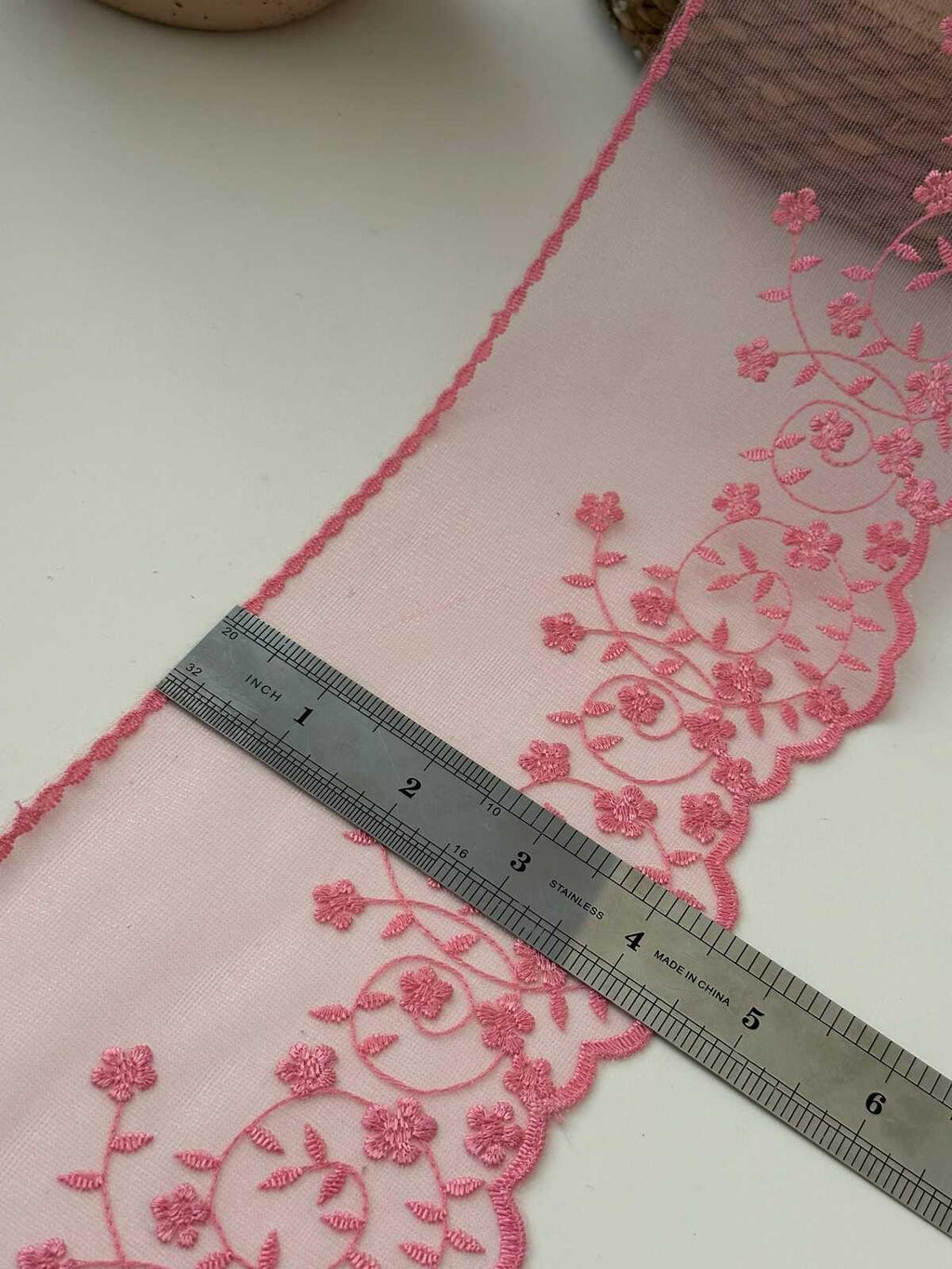 3Yds Pink Floral Mesh Lace Trim, 4.5" Embroidered Ribbon, Bulk Clearance Coquette Y2K Lace, Garment Trim, DIY Sewing, Retail Wholesale