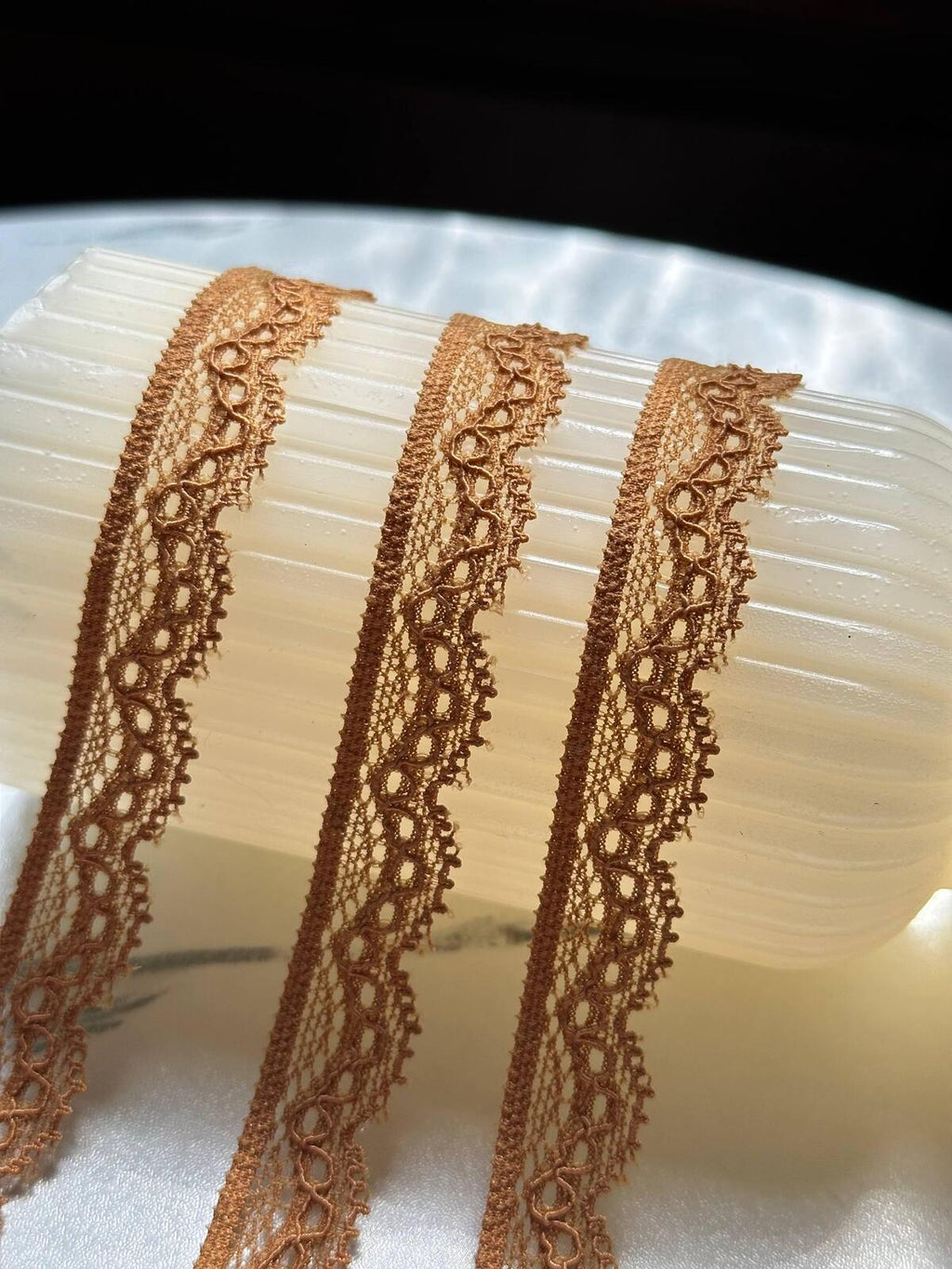 10yds Caramel Camel Brown Cordonnet Corded Stretch Elastic Lace Trim Single Scalloped Narrow Ribbon for Lingerie  Crafts Sewing, 0.6"
