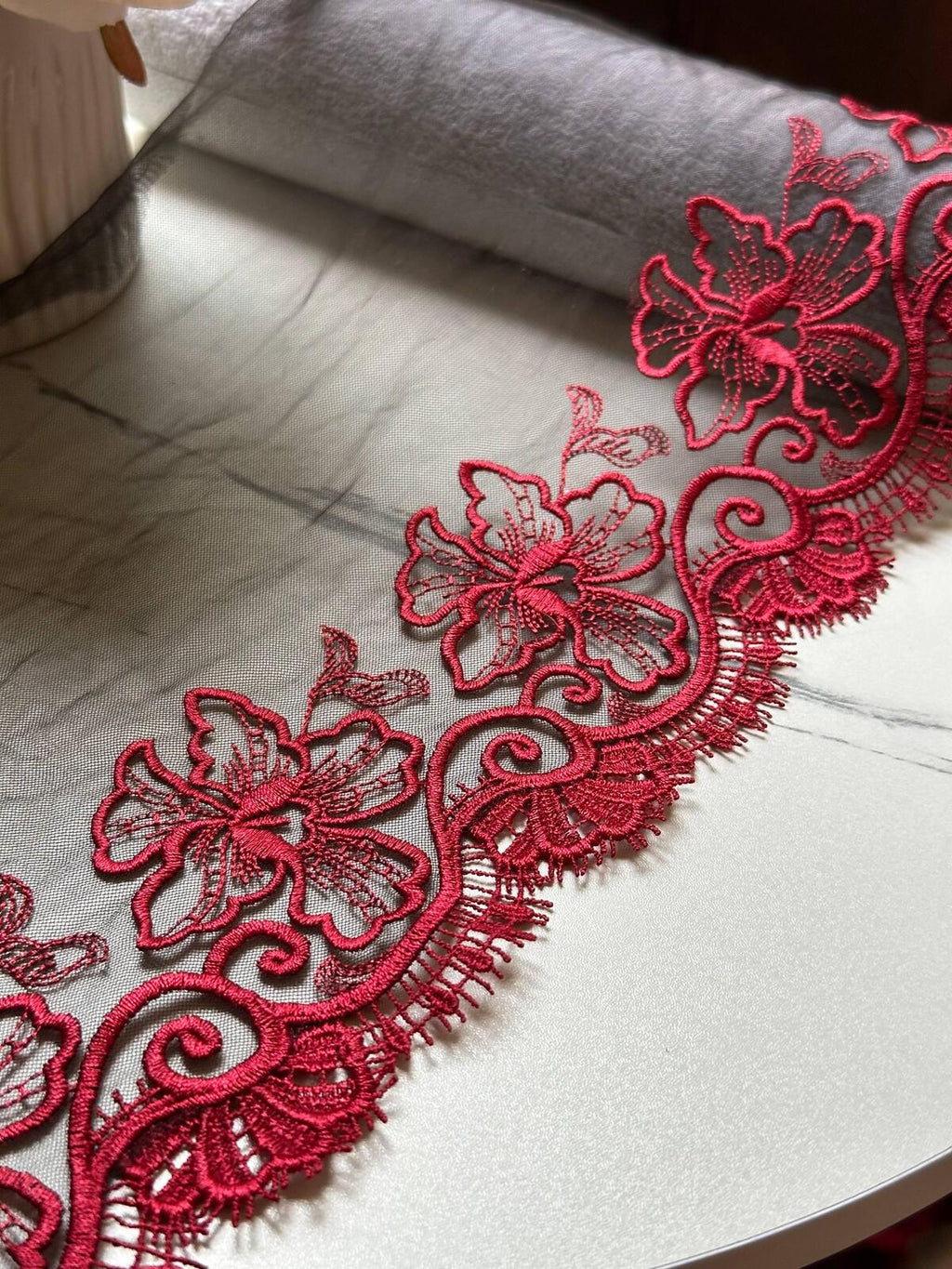 Crimson Red Floral Embroidered Organza Mesh Eyelash Lace Trim, 3" Floral 7" Total Wide Tulle Scalloped Ribbon, Retail Wholesale Bulk