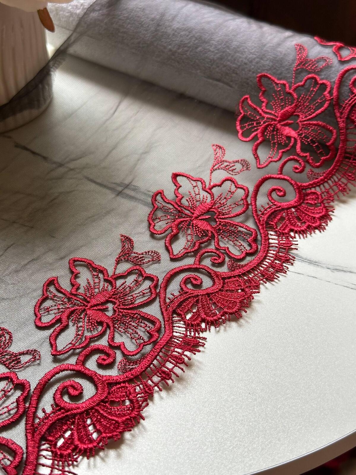 Crimson Red Floral Embroidered Organza Mesh Eyelash Lace Trim, 3" Floral 7" Total Wide Tulle Scalloped Ribbon, Retail Wholesale Bulk