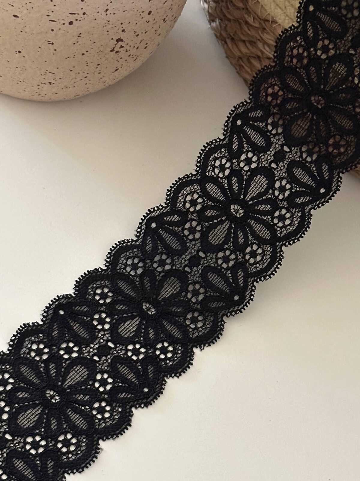 10yds Black Floral Stretch Lace, 2.1" Elastic Ribbon, Bulk Clearance Coquette Y2K Lace, Lingerie Lace, DIY Sewing, Retail Wholesale