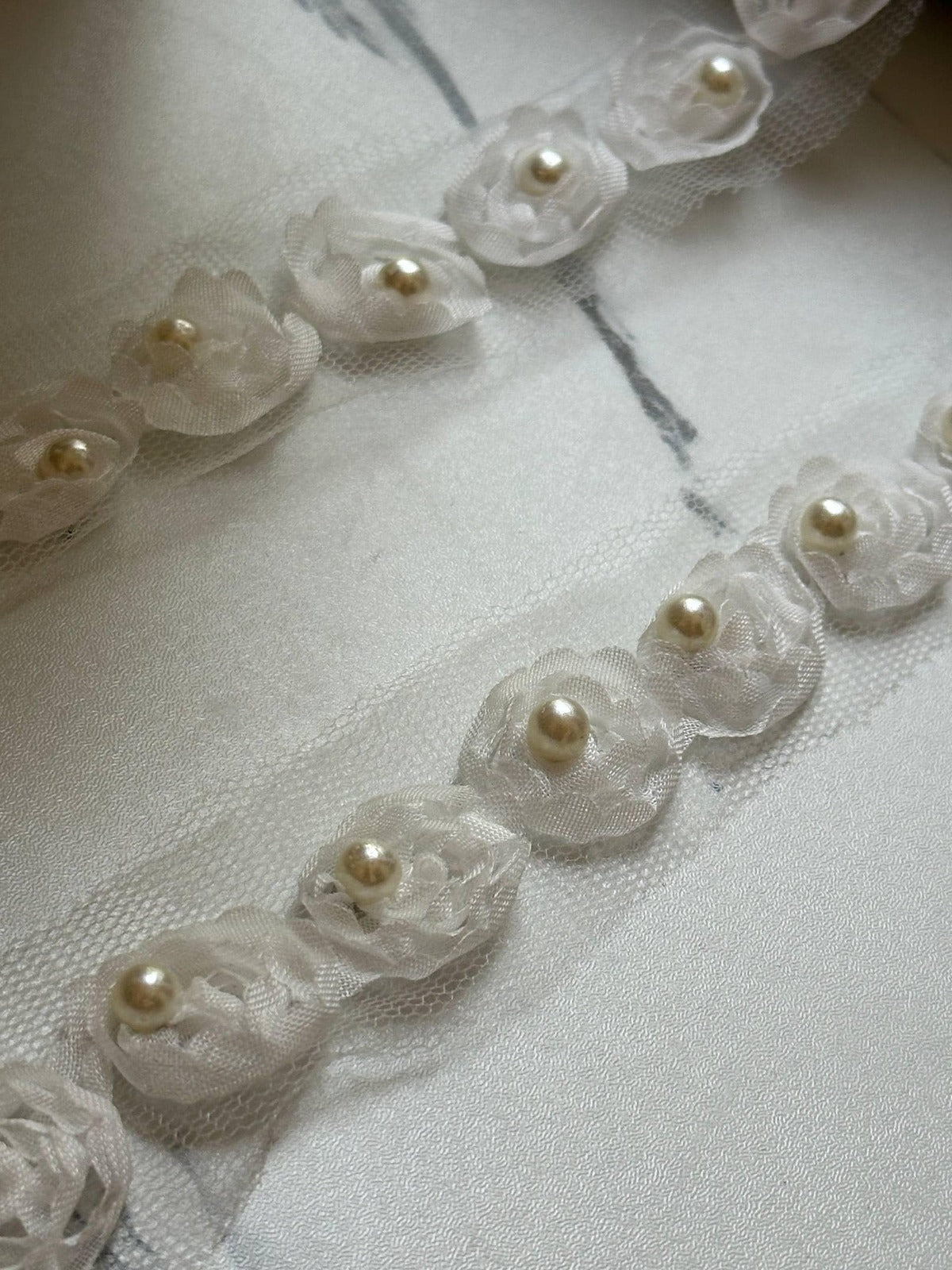 Off White Pearl Beaded Floral Lace Trim, 3D Organza Ribbon, Soft Skin Friendly Coquette Craft Supply, 0.75", Retail Wholesale Bulk