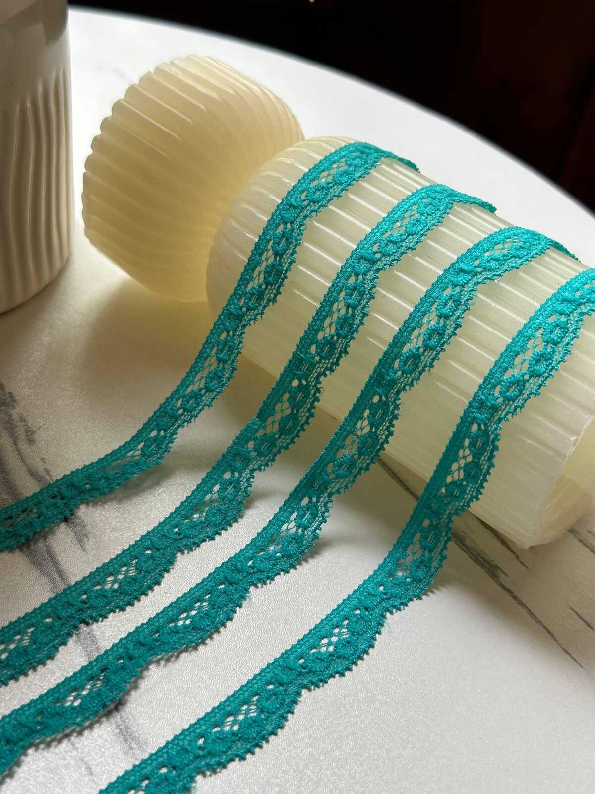 10yds Muted Peacock Lake Green Geometric Stretch Elastic Lace Trim Single Scalloped Narrow Ribbon for Lingerie Underwear Crafts, 0.4"