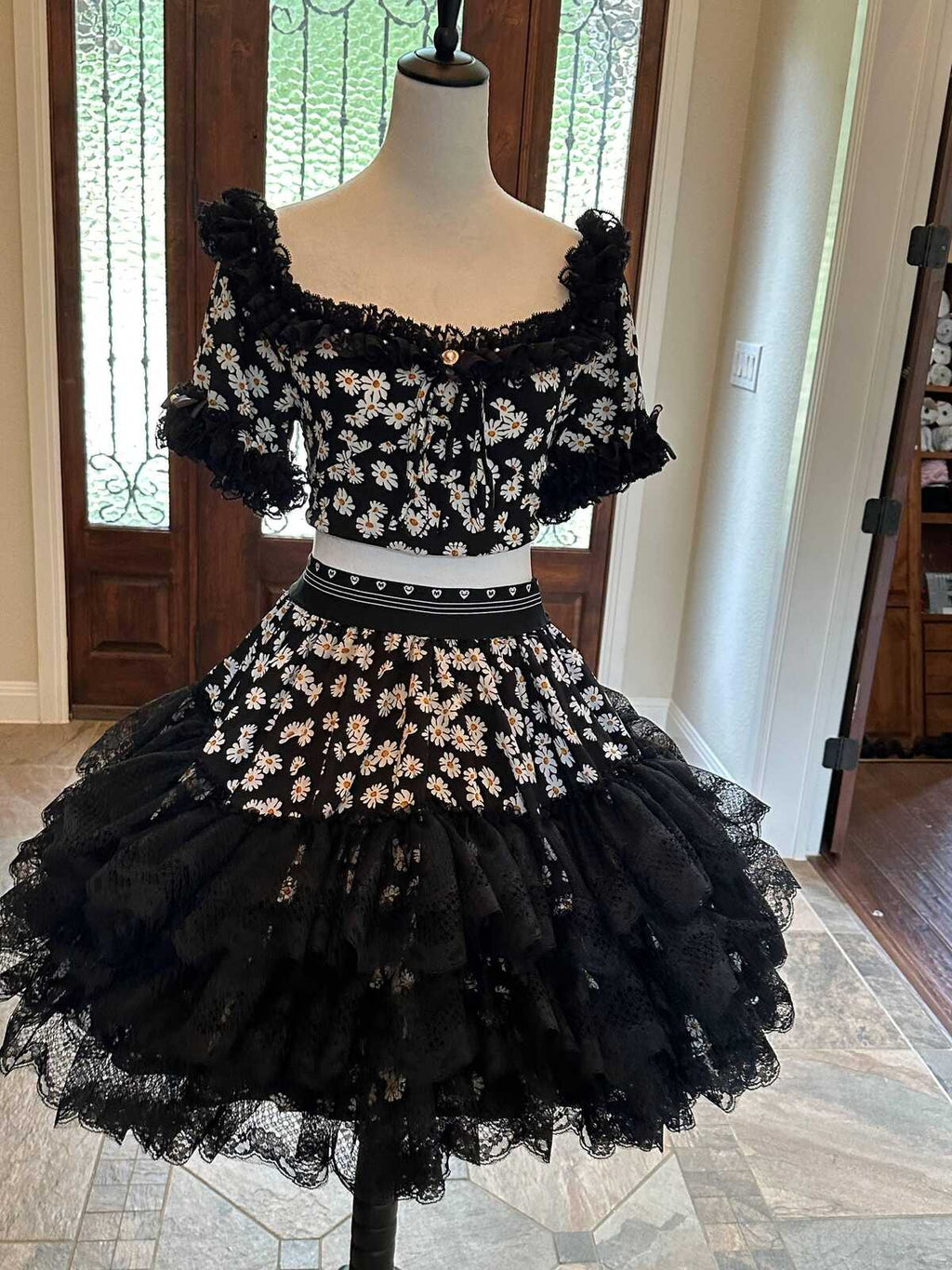 Not for Sale Handmade Daisy Lolita Two Piece Set Coquette Tiered Lace Skirt and Crop Top Chrisom Couture  Gallery Display NFS