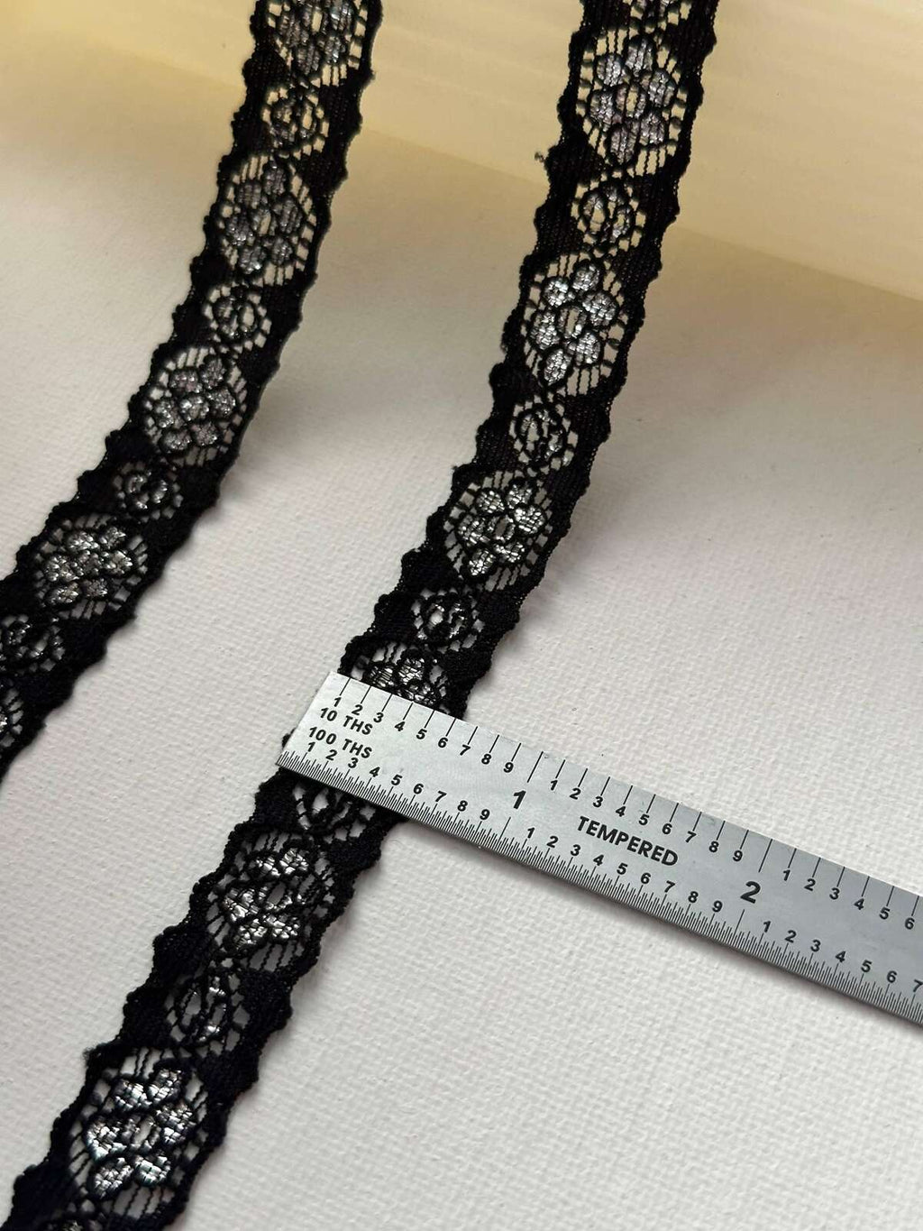 10Yds Stretch 0.6" Black Silver Metallic Floral Scalloped Stretch Lace Wholesale