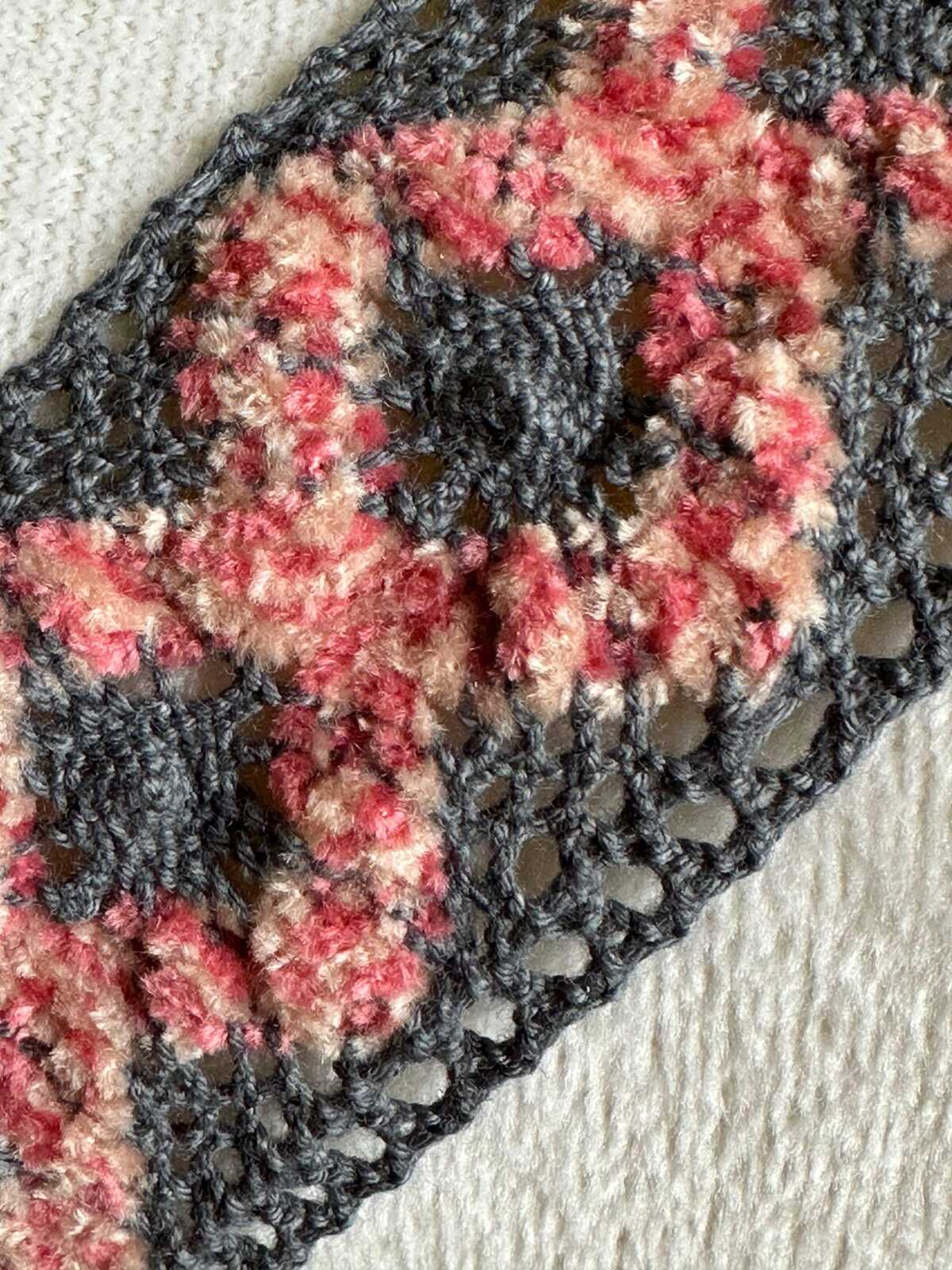 1.5" Crochet Cotton Lace Trim Gray & Pink, Two Tone Boho Geometric Non-Stretch Ribbon for Cottagecore Sewing, Folk Costume Edging by Yard