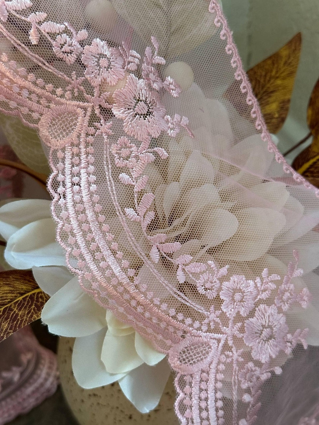 Dusty Rose Pink Ultra Soft Embroidered Mesh Lace Trim by Yard, Floral Scalloped Tulle Ribbon, 4.5", Retail Wholesale Bulk