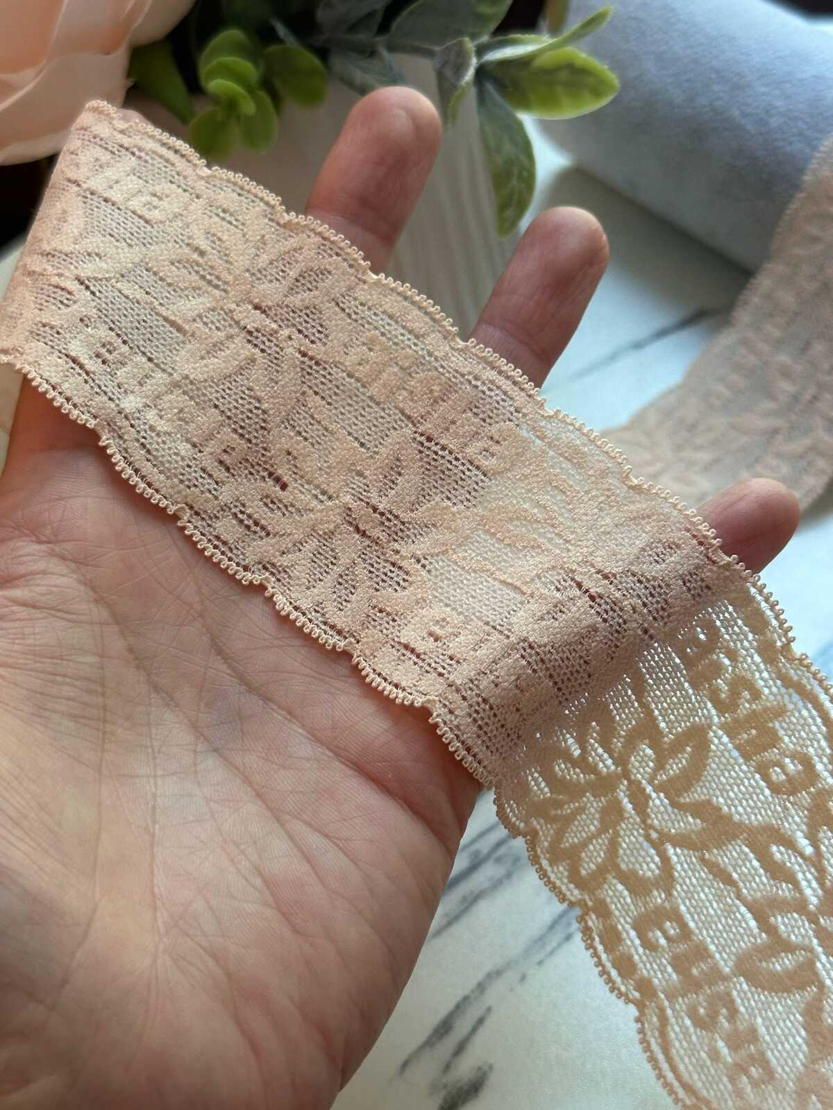 10yds Soft Peach Nude Floral Alphabet Ultra Soft Stretch Lace Trim by the Yard, Textured Back Baby Headband Elastic Ribbon, 2"