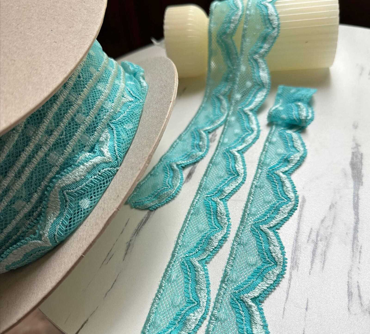 10yds Mint Aqua Turquoise Swiss Dot Elastic Stretch Lace Trim Symmetrical Double Scalloped Narrow Ribbon for  Crafts Sewing, 1.1"  Wholesale