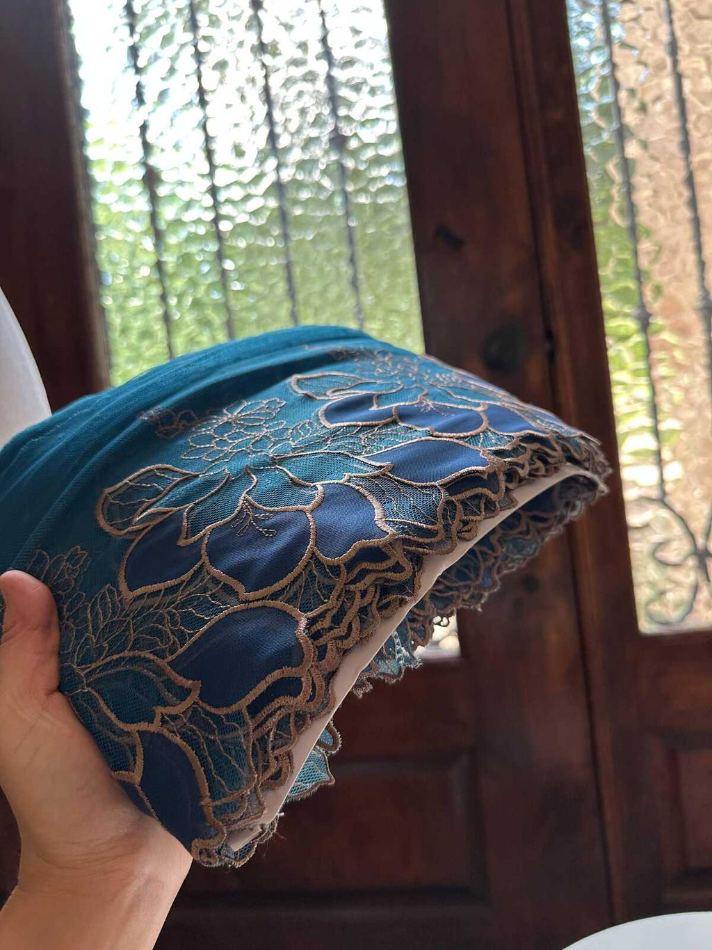 7.65" Peacock Blue Gold Lace Trim Wide Embroidered Floral Swiss Dot Mesh Single Scalloped Edge Lace for Lingerie Garment Sewing Crafts