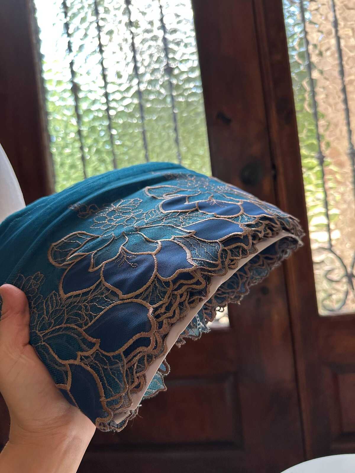 7.65" Peacock Blue Gold Lace Trim Wide Embroidered Floral Swiss Dot Mesh Single Scalloped Edge Lace for Lingerie Garment Sewing Crafts