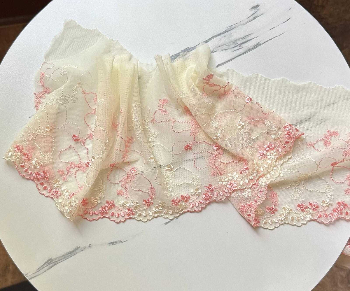 Two Tone Cream & Pink Hearts Embroidered Mesh Tulle Lace Trim Single Scalloped Edge Non Stretch Ribbon for Gowns Lingerie Crafts Sewing,6.5"