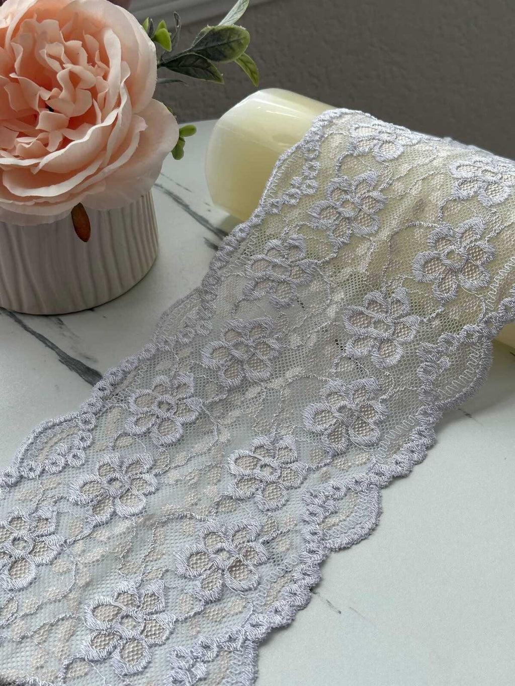 1Yd Stretch 5.5" Muted Lavender Floral Embossed Stretch Lace Trim Wholesale