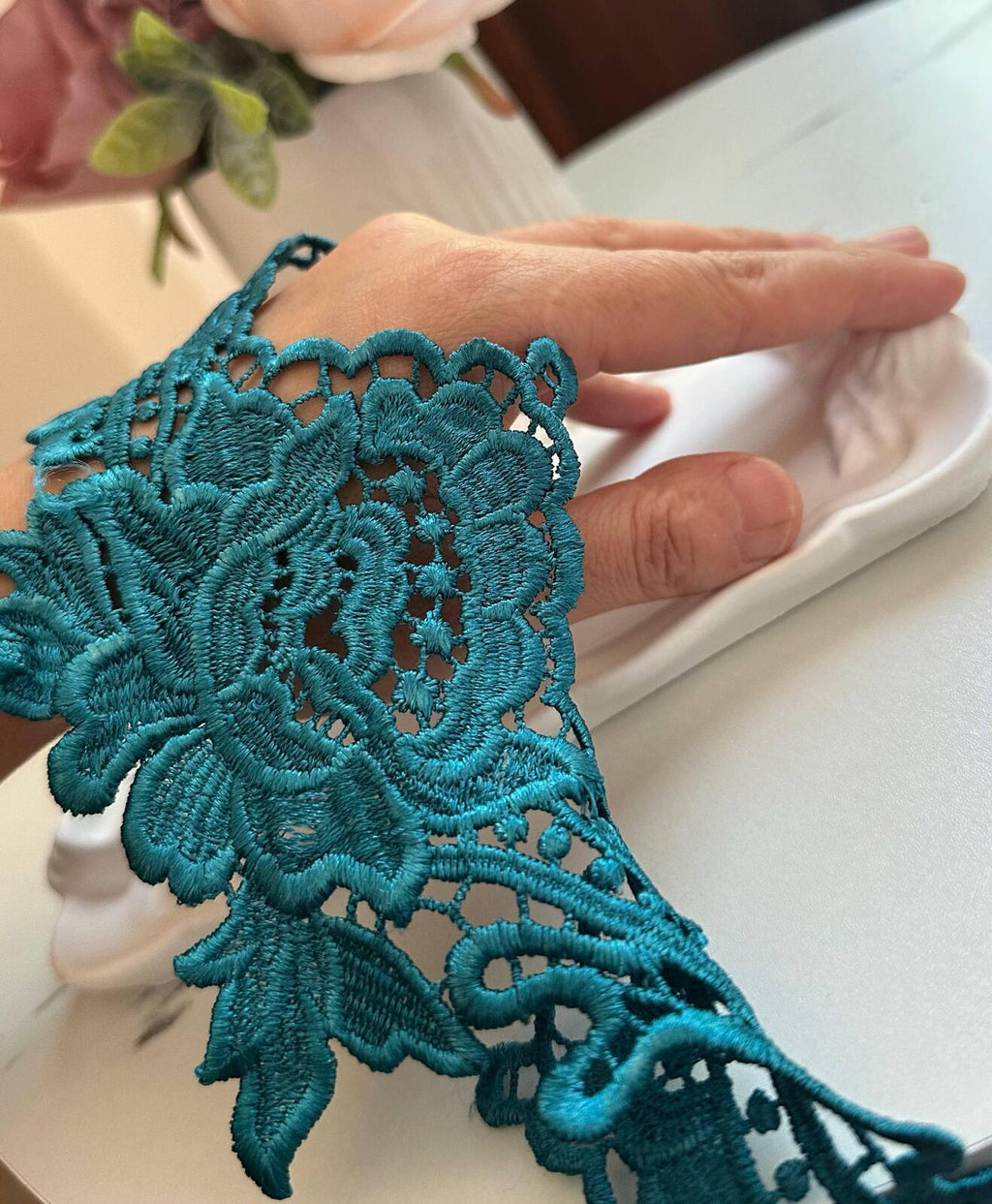 Teal Green Guipure Water Soluble Chemical Lace Trim by the Yard, 3D Floral Venetian Ribbon for Evening Gowns, 3.5"