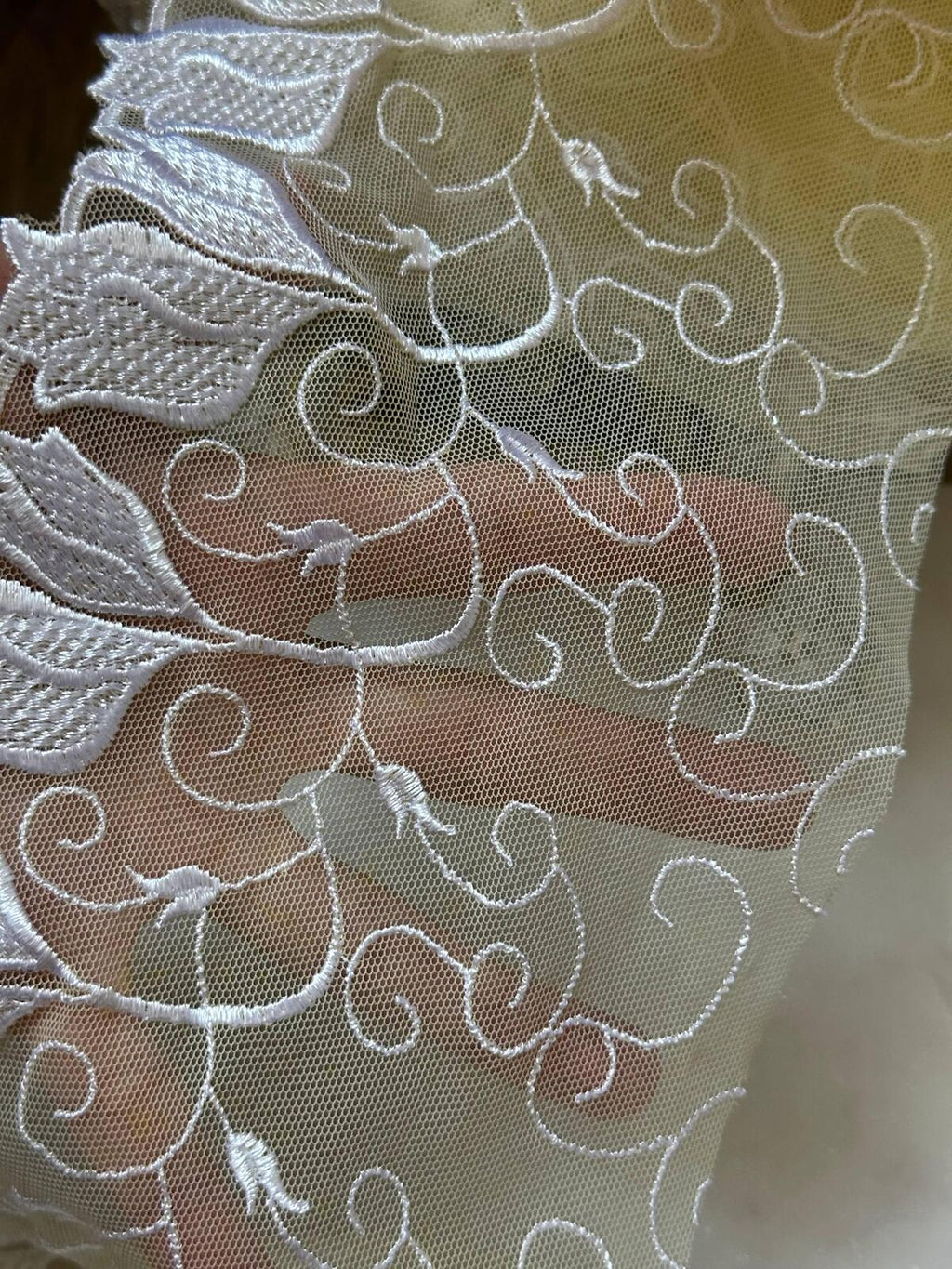 Butter Yellow Ivory Floral Embroidered Mesh Lace Trim by Yard, Tulip Scalloped Tulle Ribbon, 5.3", Retail Wholesale Bulk