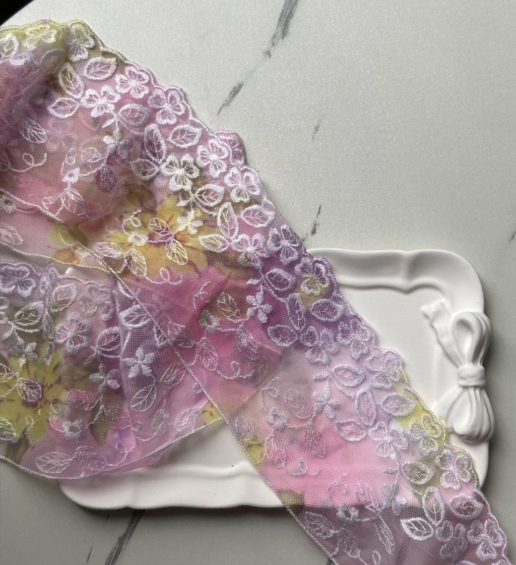 Gradient Floral Embroidered Mesh Tulle Lace Trim Single Scalloped Pink Yellow Purple Non Stretch Ribbon for Gowns Lingerie Crafts, 3"