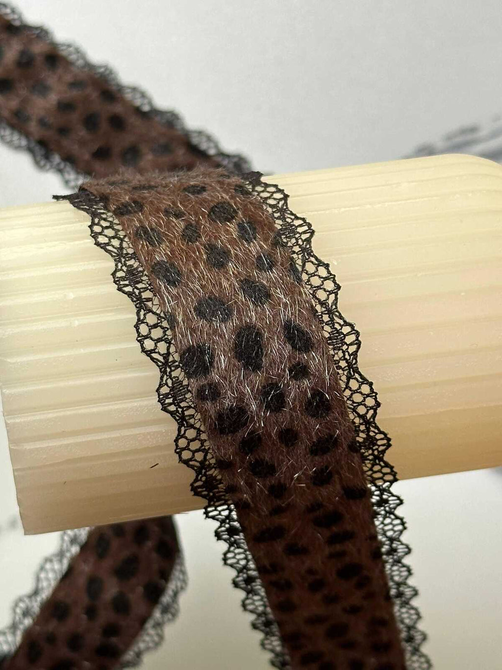 Leopard Print Mohair Faux Fur Black Lace Trim Symmetrical Scalloped Eyelash Ribbon for Y2K Grunge Lingerie Crafts Sewing, 1.25"