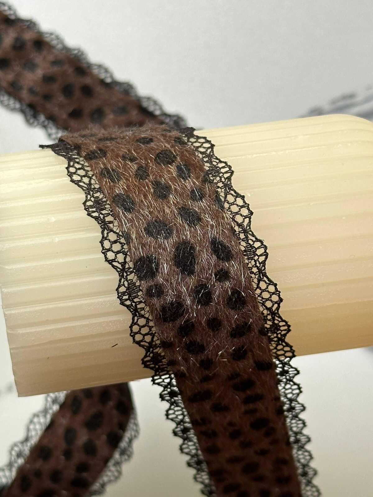 Leopard Print Mohair Faux Fur Black Lace Trim Symmetrical Scalloped Eyelash Ribbon for Y2K Grunge Lingerie Crafts Sewing, 1.25"