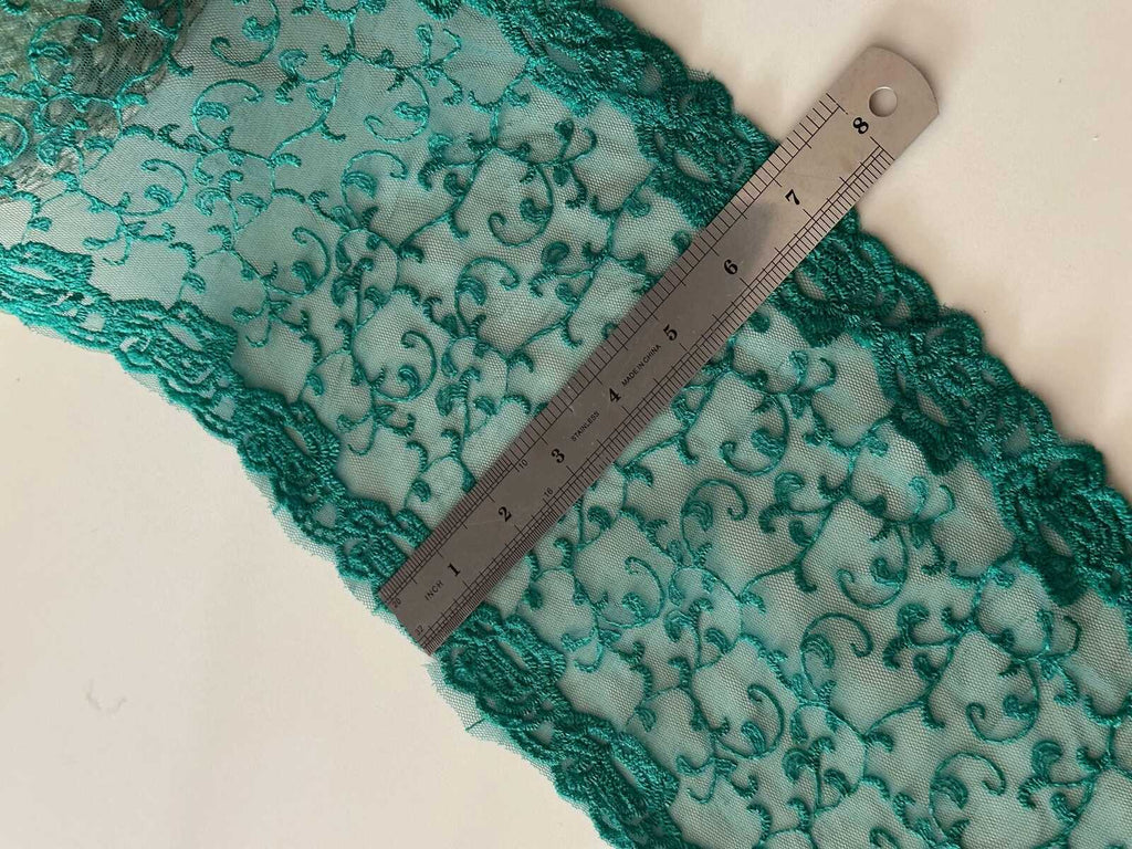 3Yds Teal Green Embroidered Lace, 7.2" Wide Cotton Trim, Bulk Clearance Coquette Y2K Lace, Garment Trim, DIY Sewing, Retail Wholesale